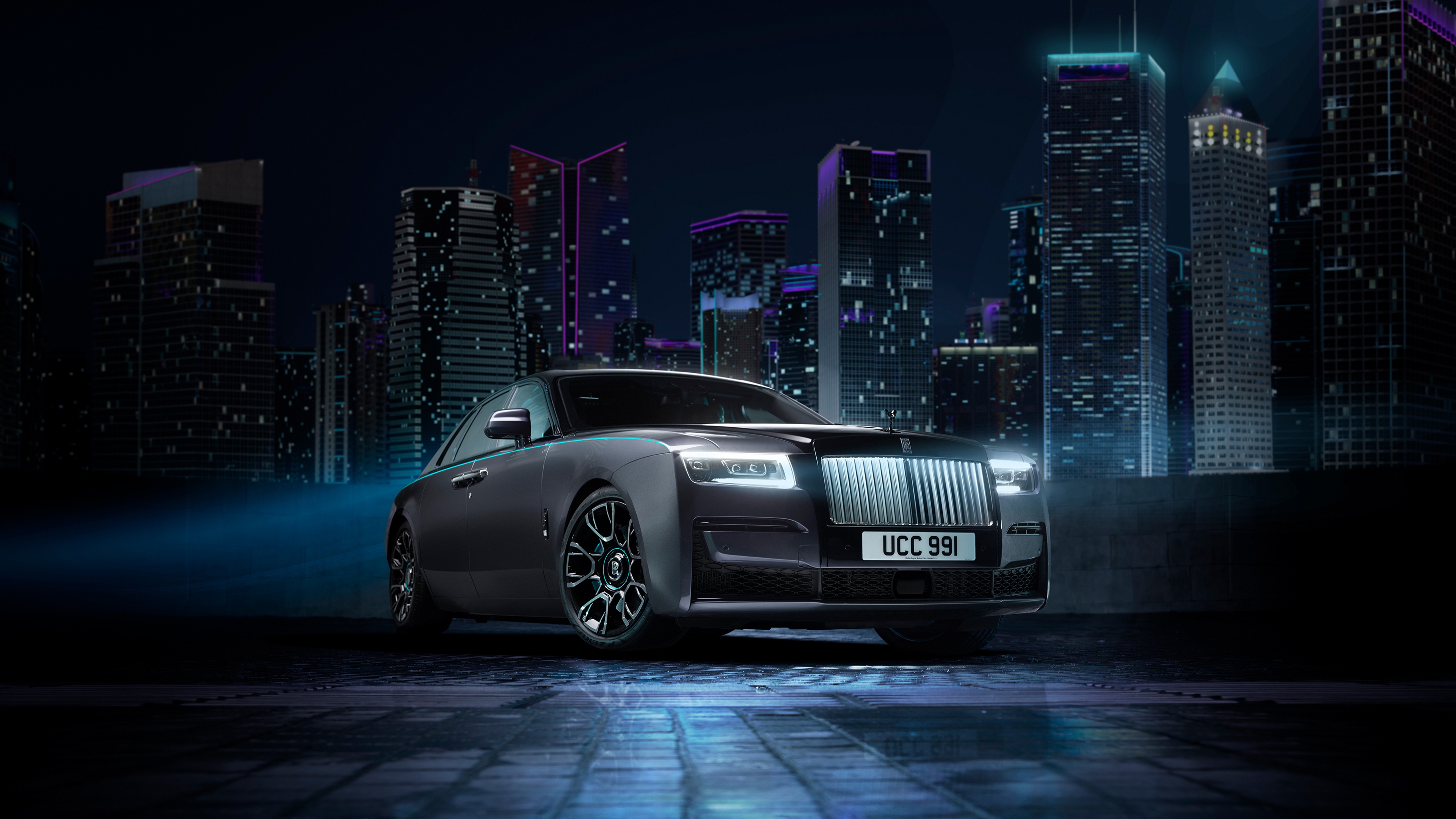 HD wallpaper, Rolls Royce Ghost Black Badge, Car Lights, 2021, Night