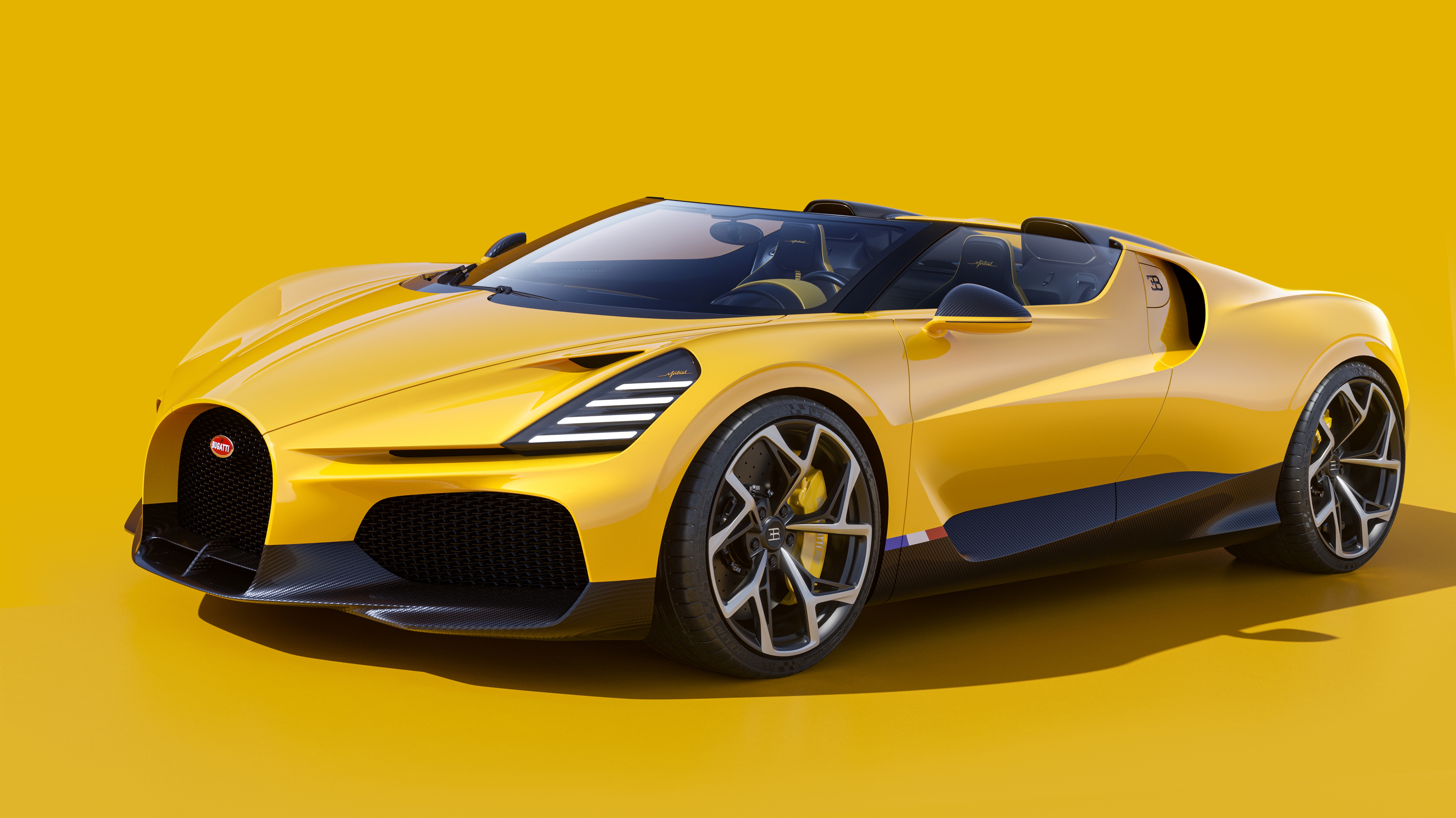 HD wallpaper, Hypercars, Yellow Background, Roadster, Yellow, 2024, 5K, Bugatti W16 Mistral