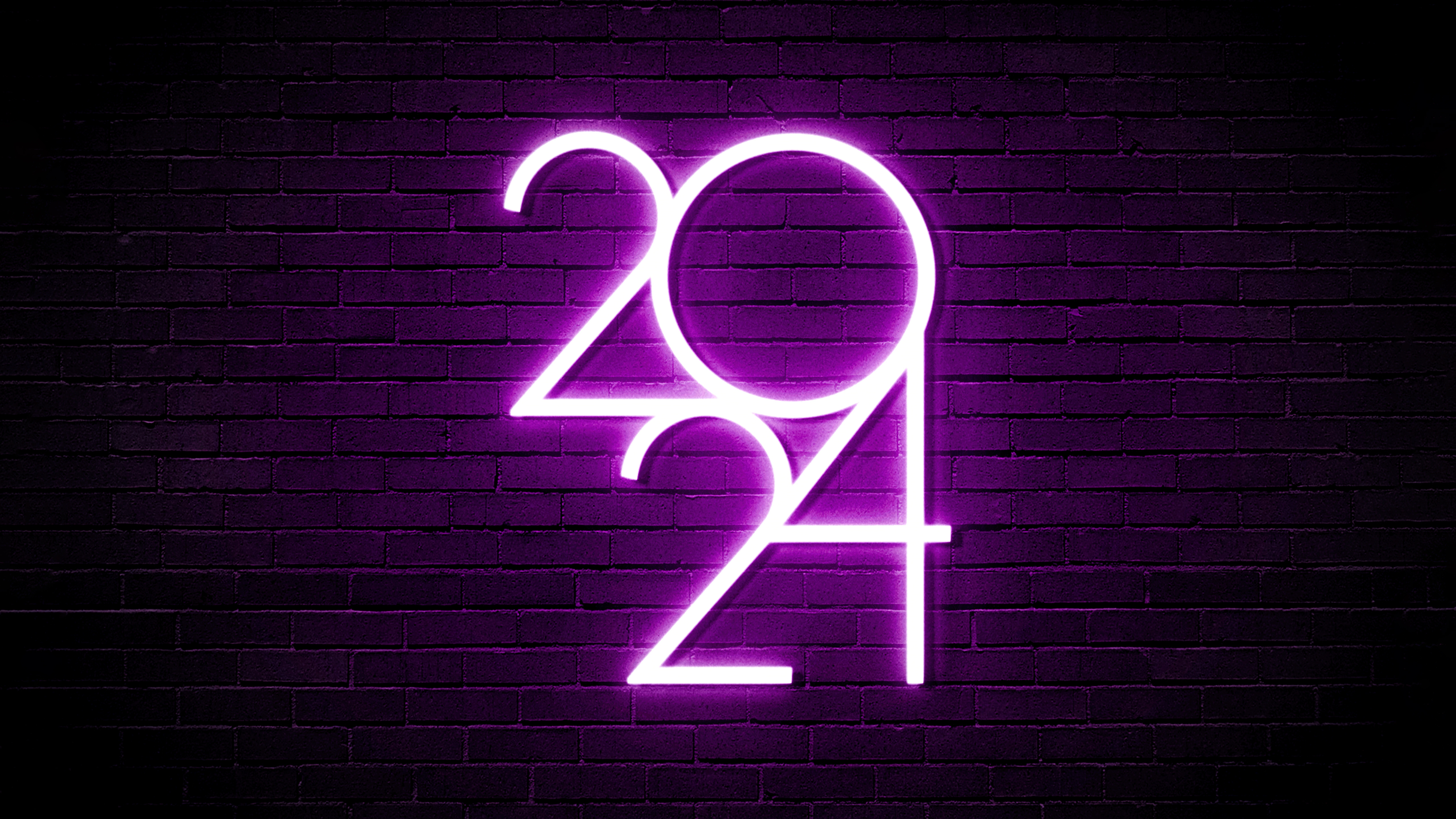 HD wallpaper, Dark Background, 2024 New Year, Purple Aesthetic, Brick Wall, 5K, Dark Theme
