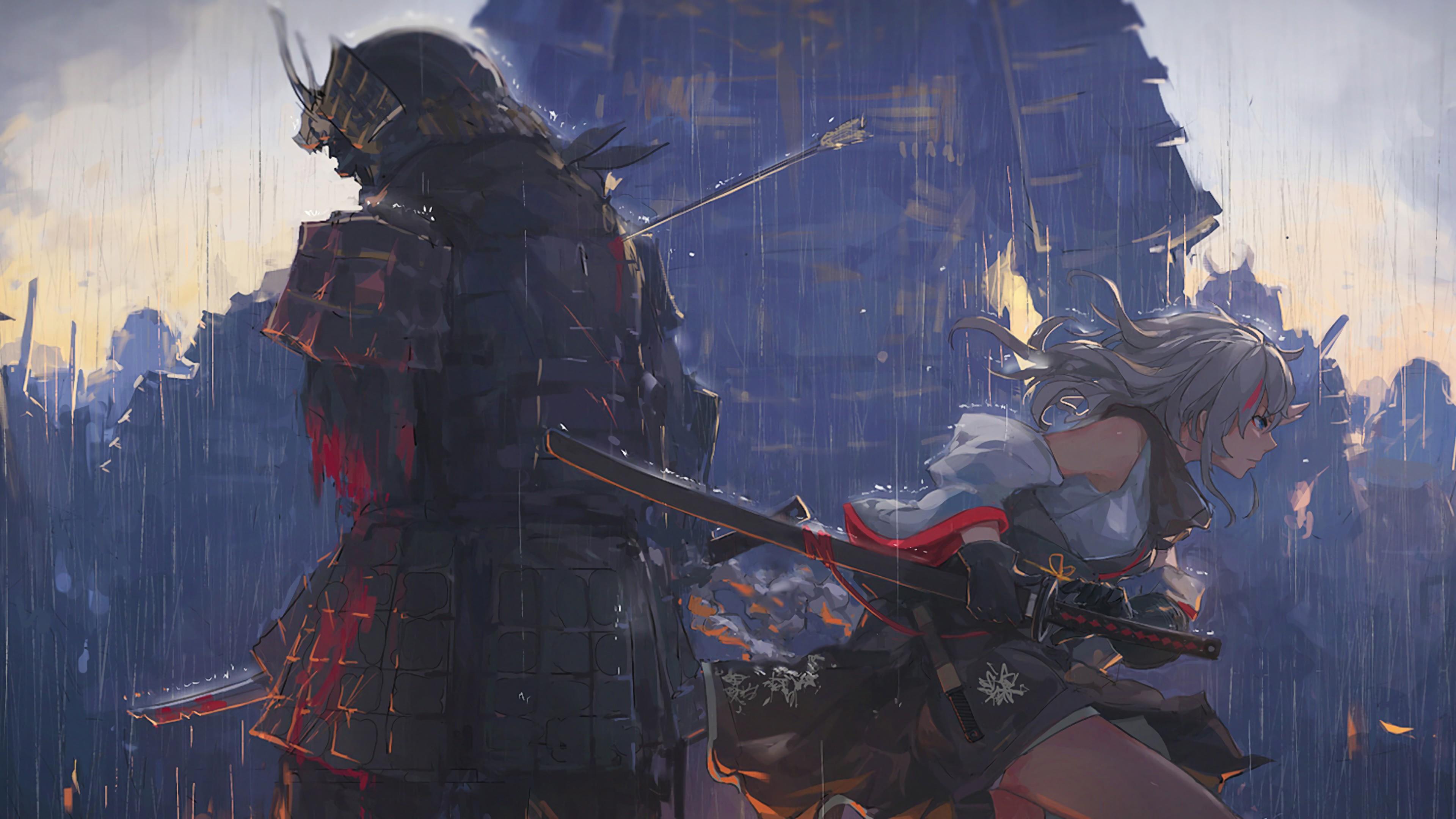 HD wallpaper, 4K, Anime, Samurai, Girl, Fighting, 3840X2160