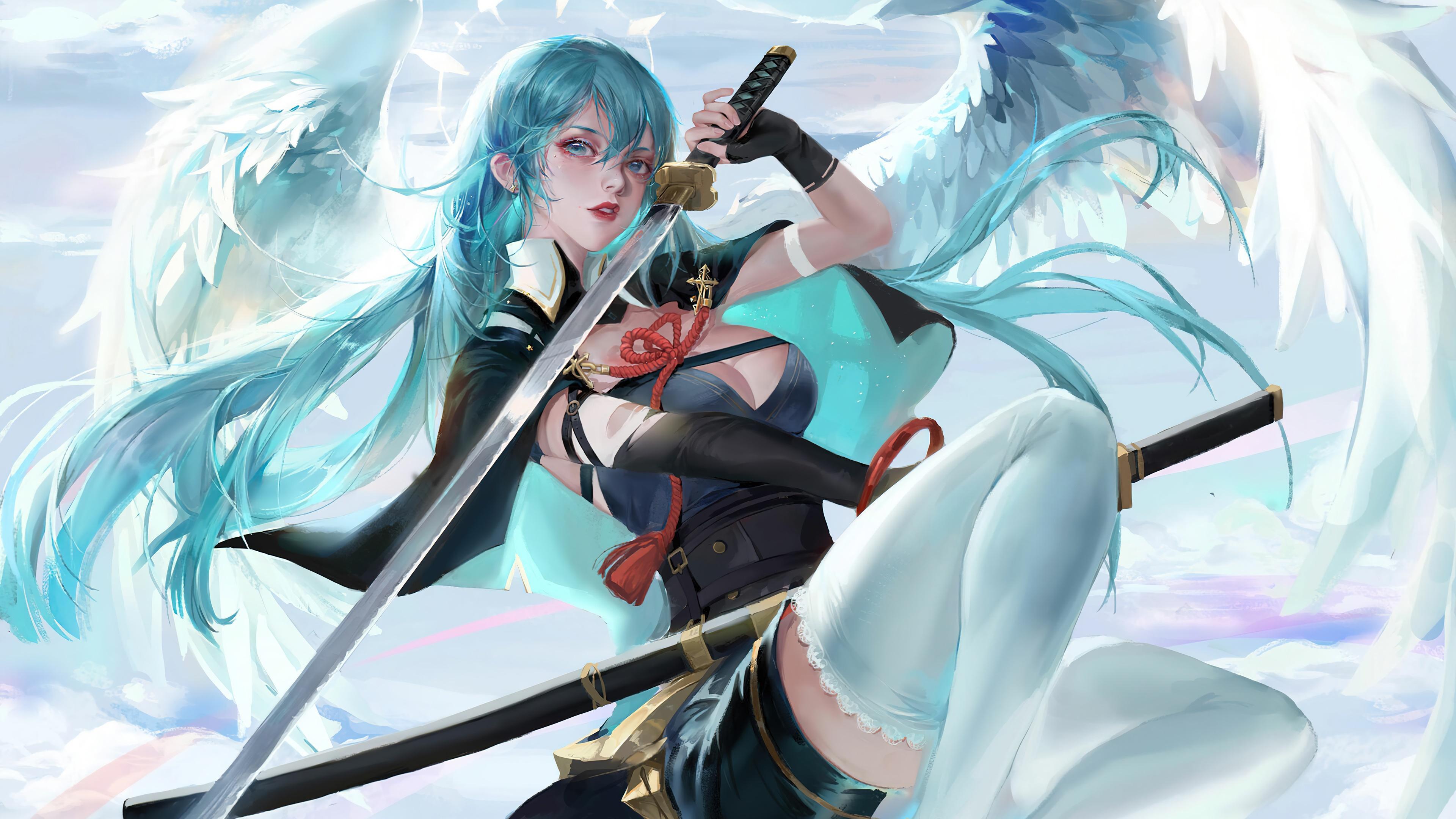 HD wallpaper, Katana, Angel, Fantasy, Girl, Sword, Hd, 4K, Wallpaper, Anime