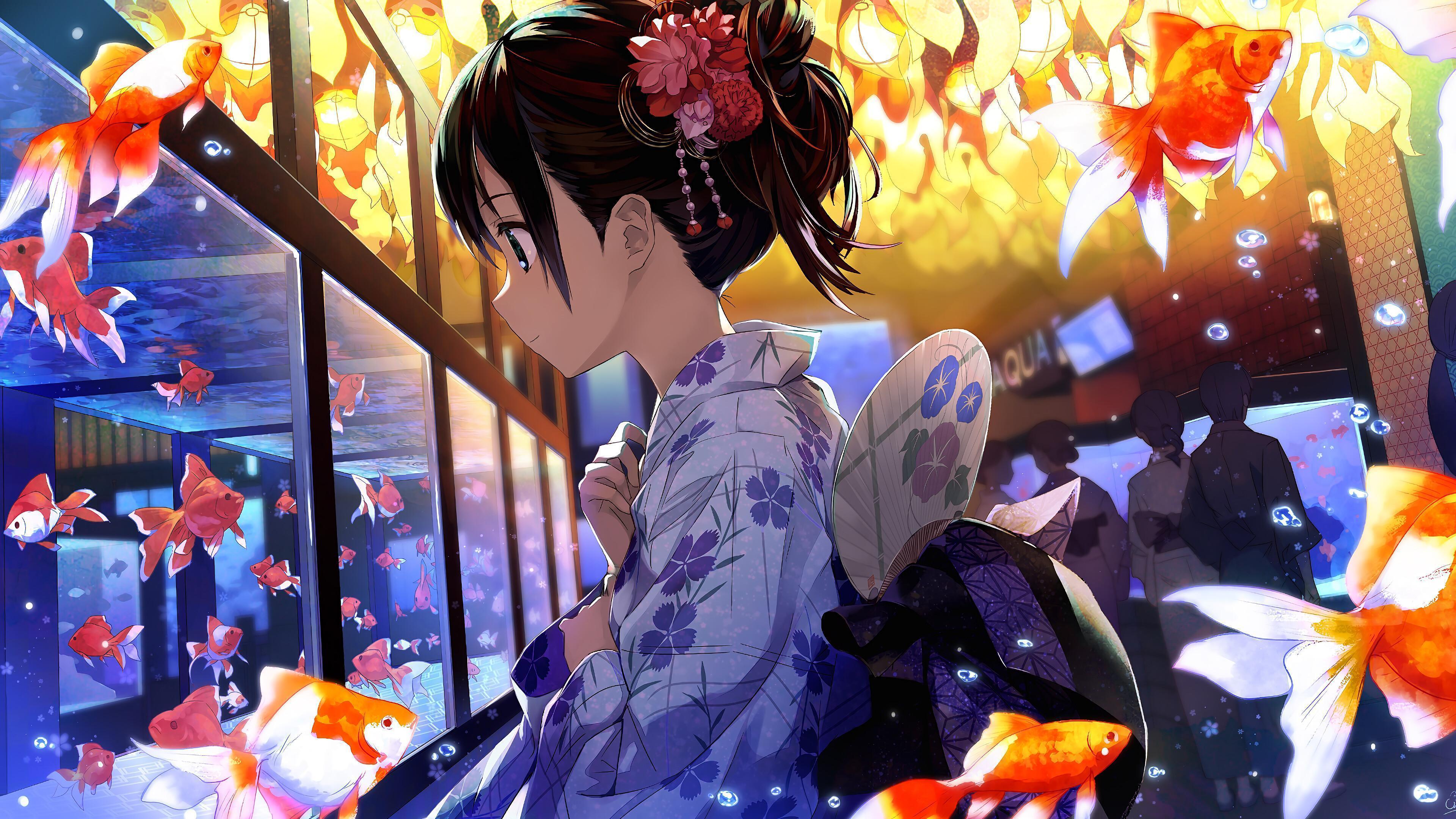 HD wallpaper, Fantasy, Girl, Anime, Kimono, Flying, Gold Fish, 4K