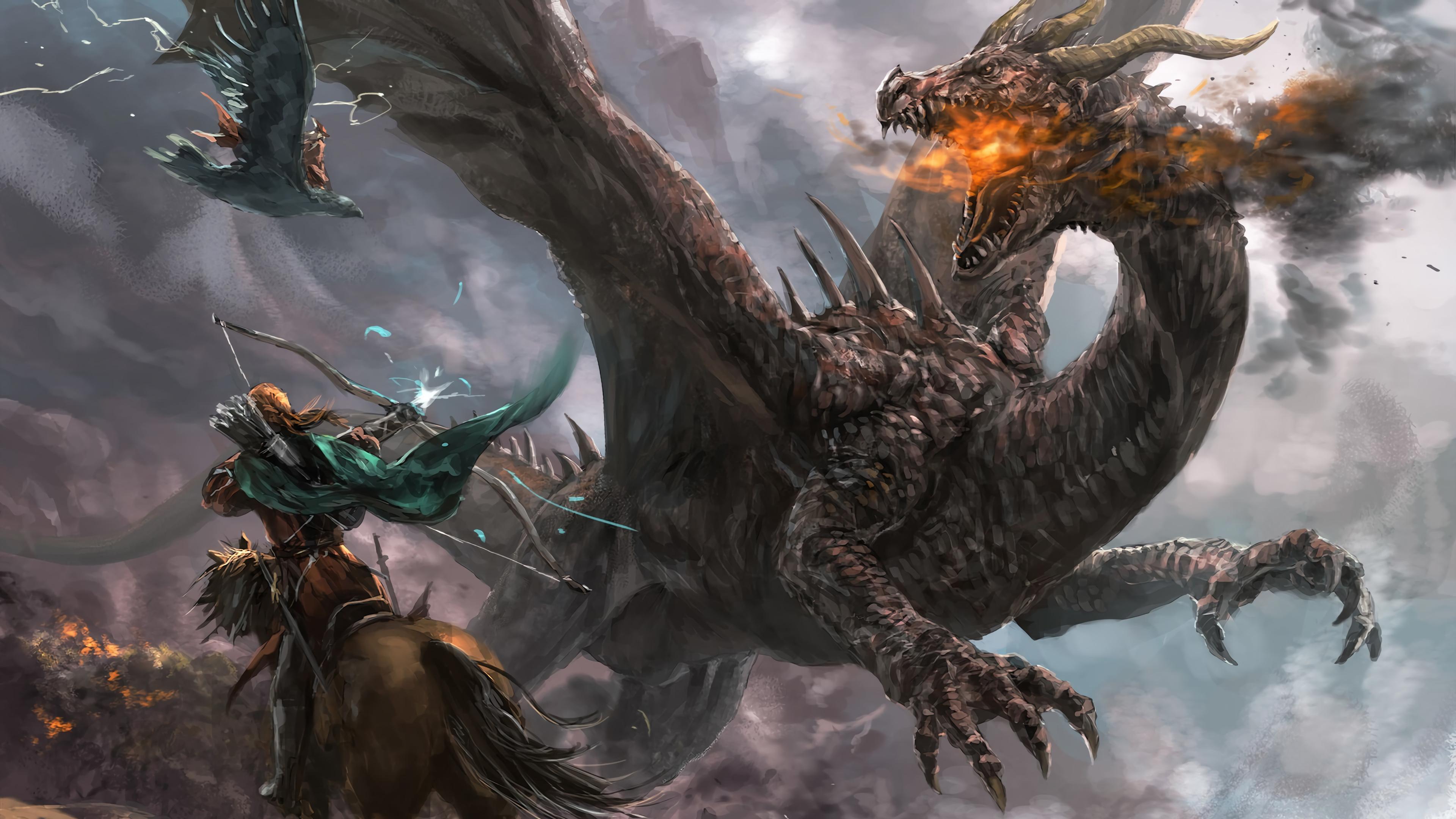 HD wallpaper, Battle, 4K, Fantasy, Dragon