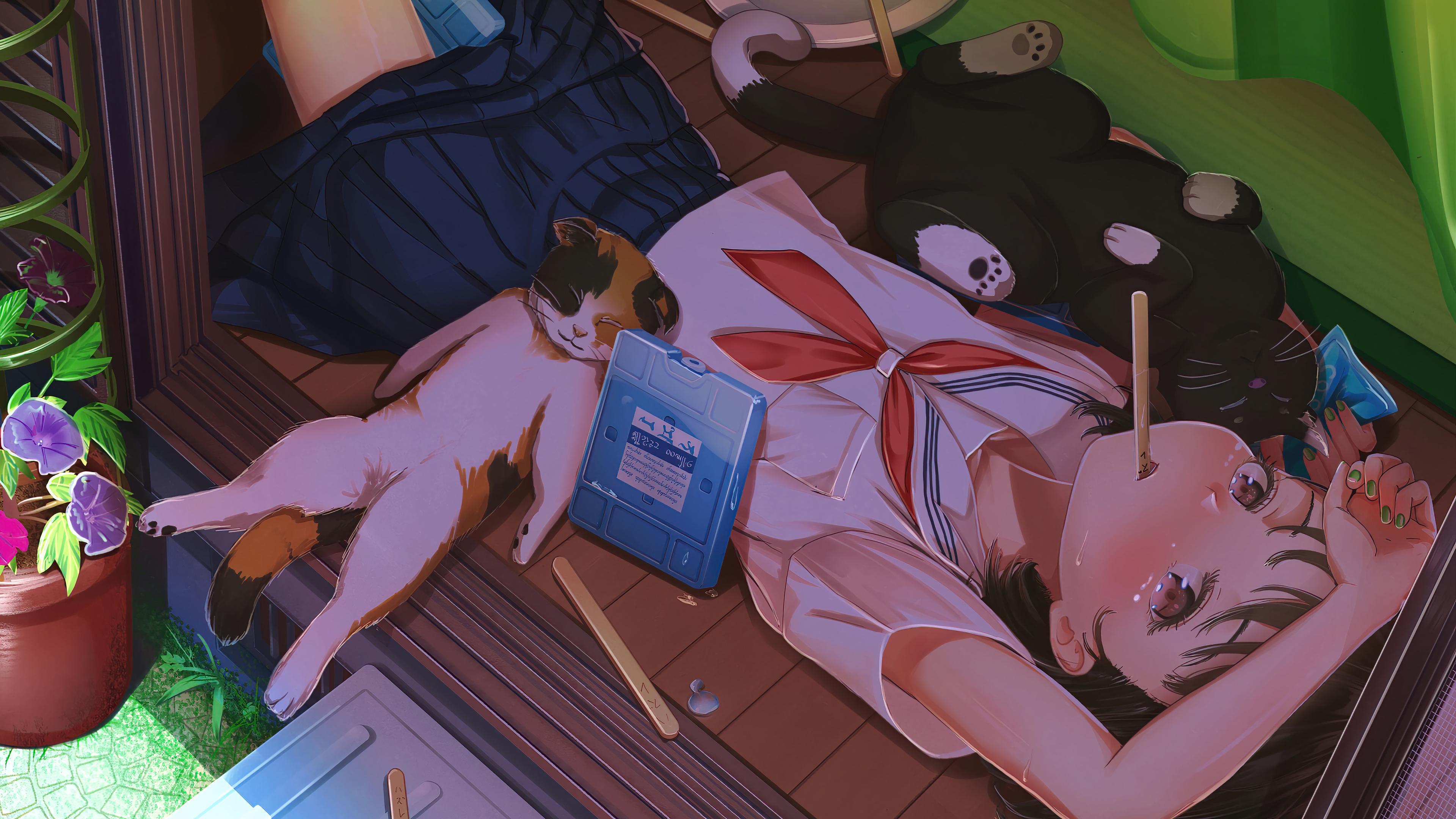 HD wallpaper, Summer, Sleeping, 4K, Cat, Anime, Girl, School
