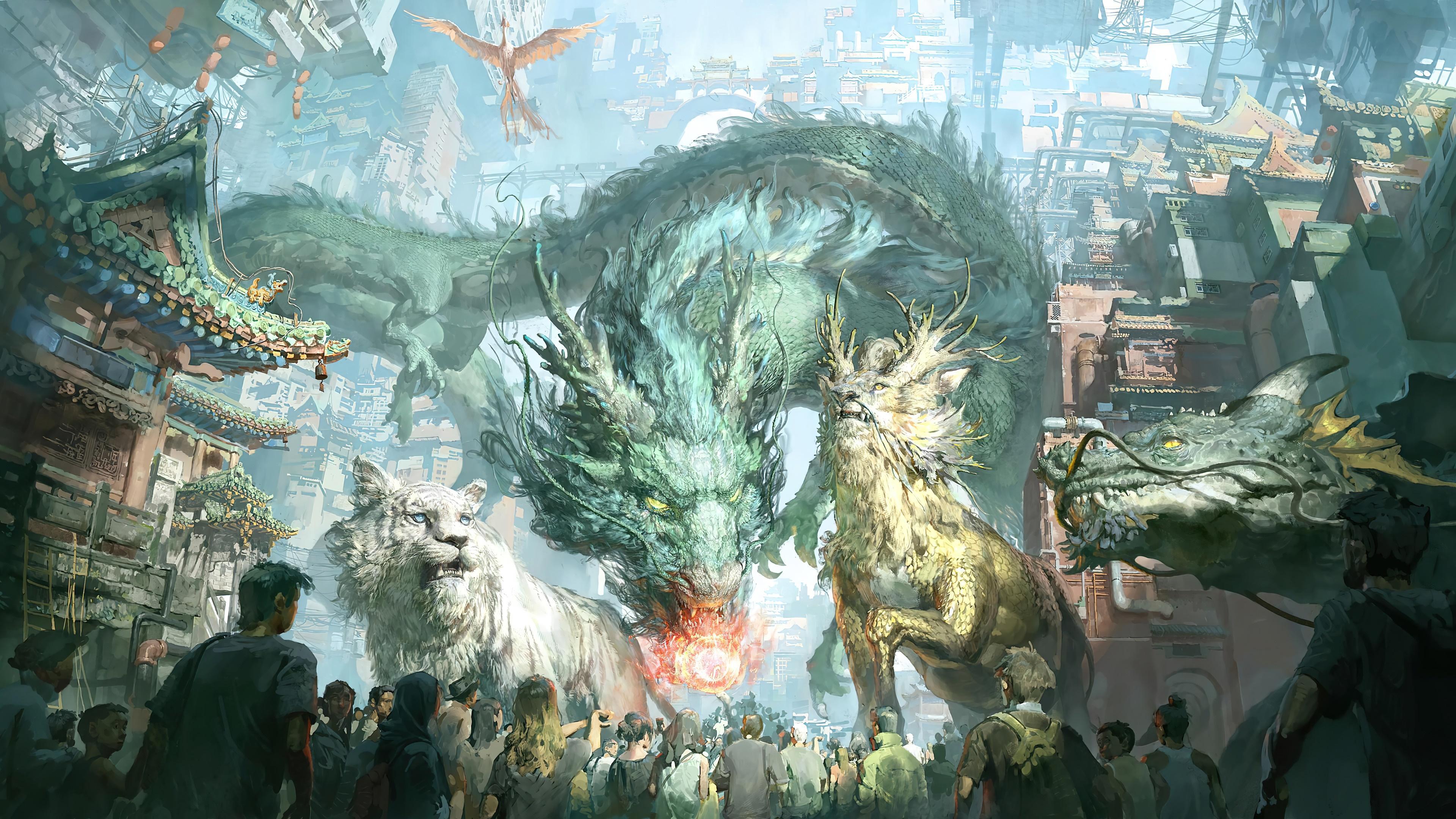 HD wallpaper, Dragon, 4K, Creatures, Art, City, Fantasy, Mythical