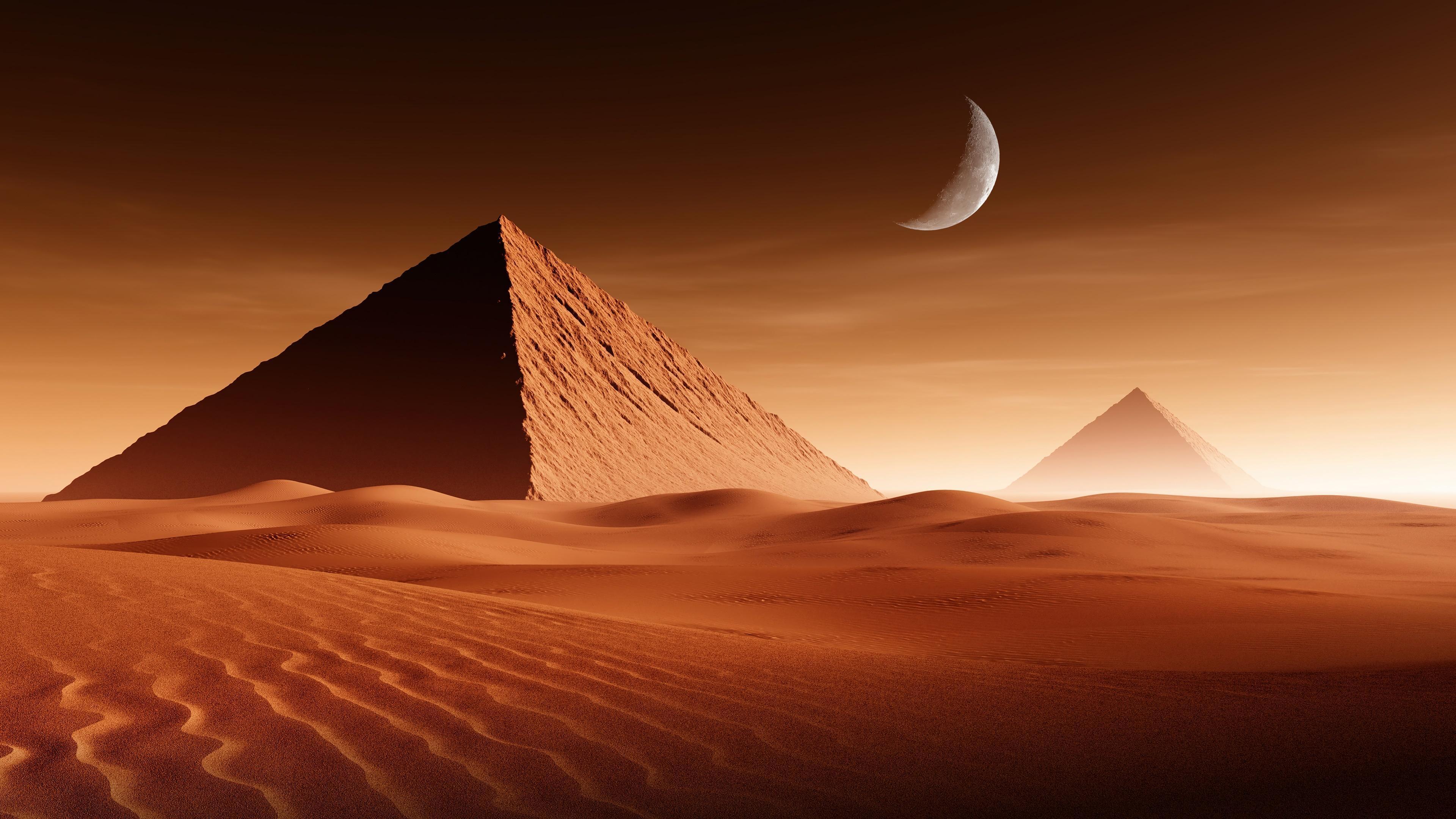 HD wallpaper, Desert, 4K, Scenery, Night, Moon, Pyramid