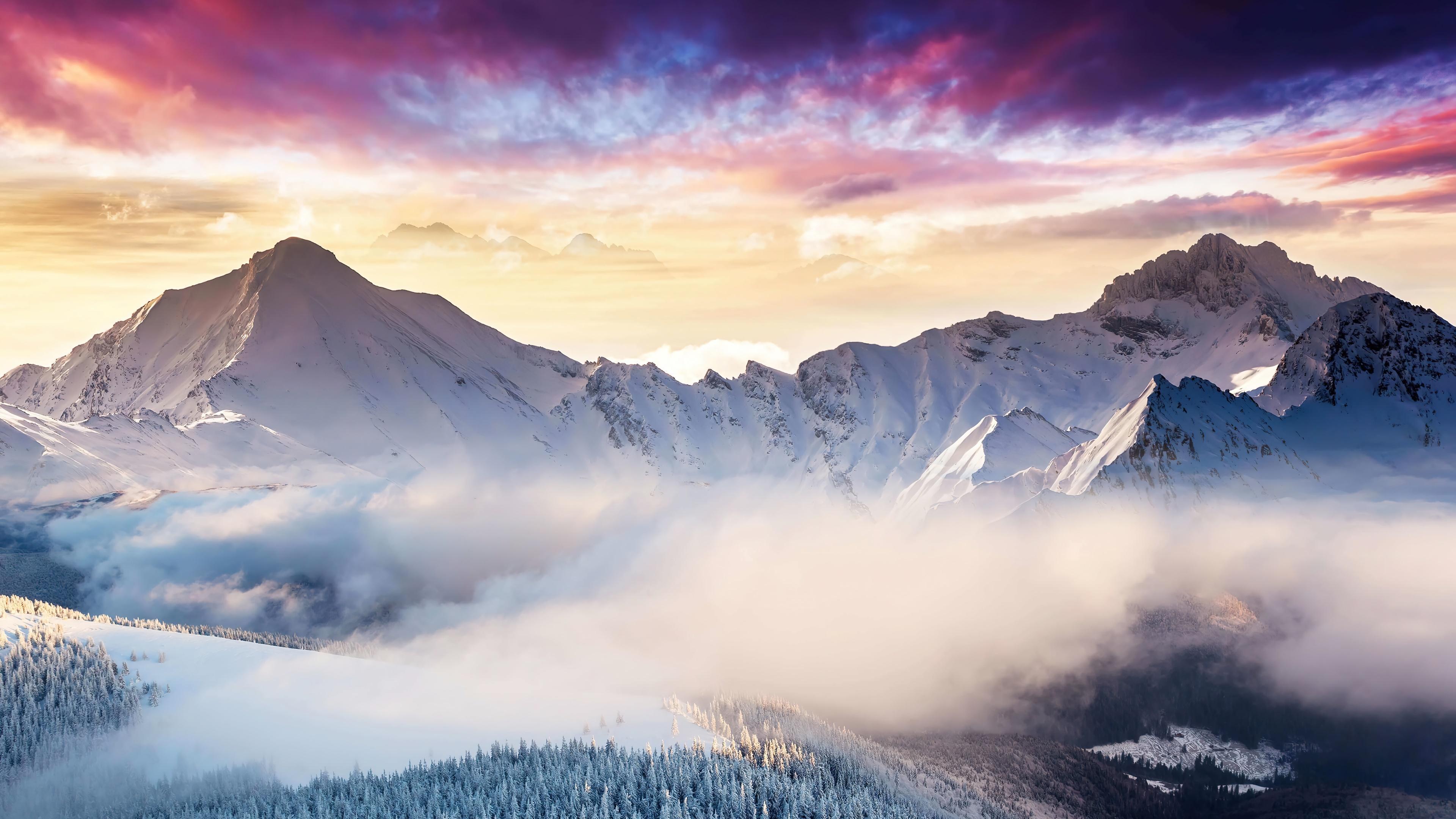 HD wallpaper, Snowy, Sunrise, Scenery, 4K, Mountain