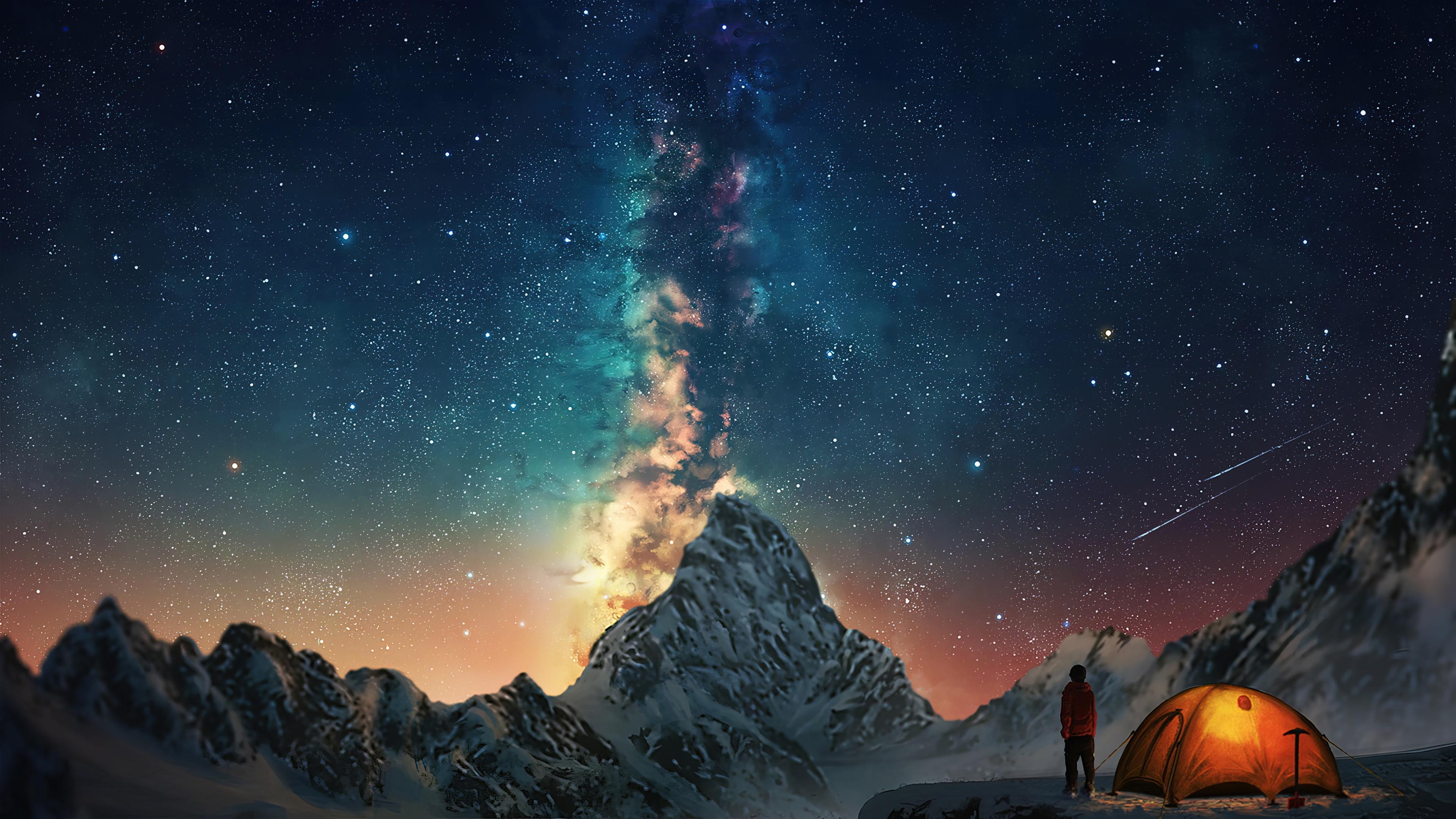 HD wallpaper, Sky, Night, Nebula, Camping, 4K, Mountain, Stars, Scenery
