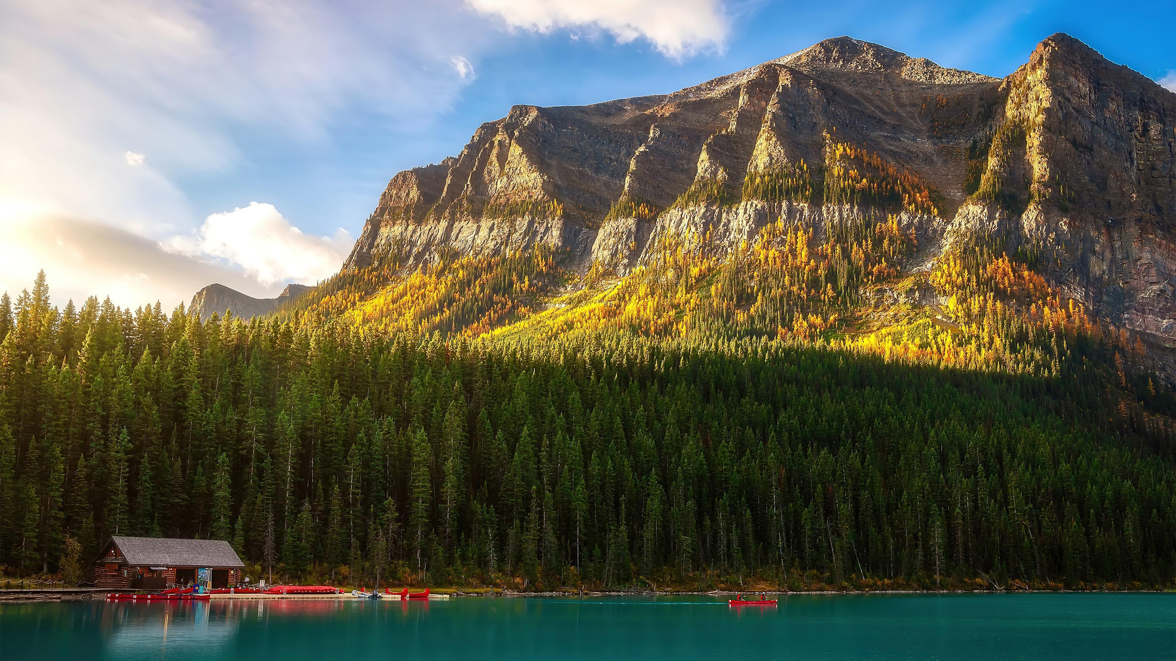 HD wallpaper, Mountain, Lake, Cabin, 4K, Forest, Scenery, Nature