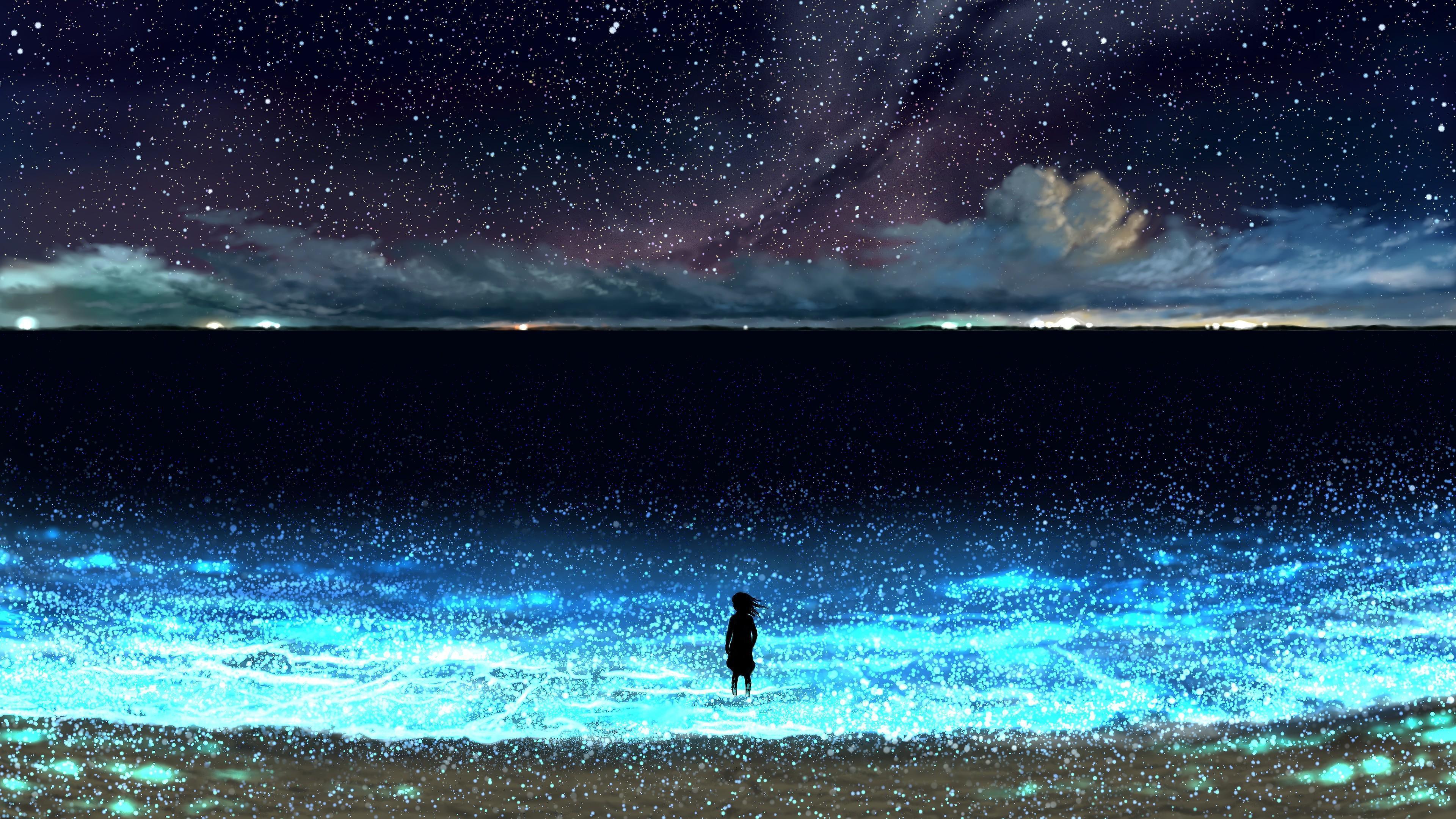 HD wallpaper, Beach, Anime, Stars, 4K, Night, Sky, Scenery