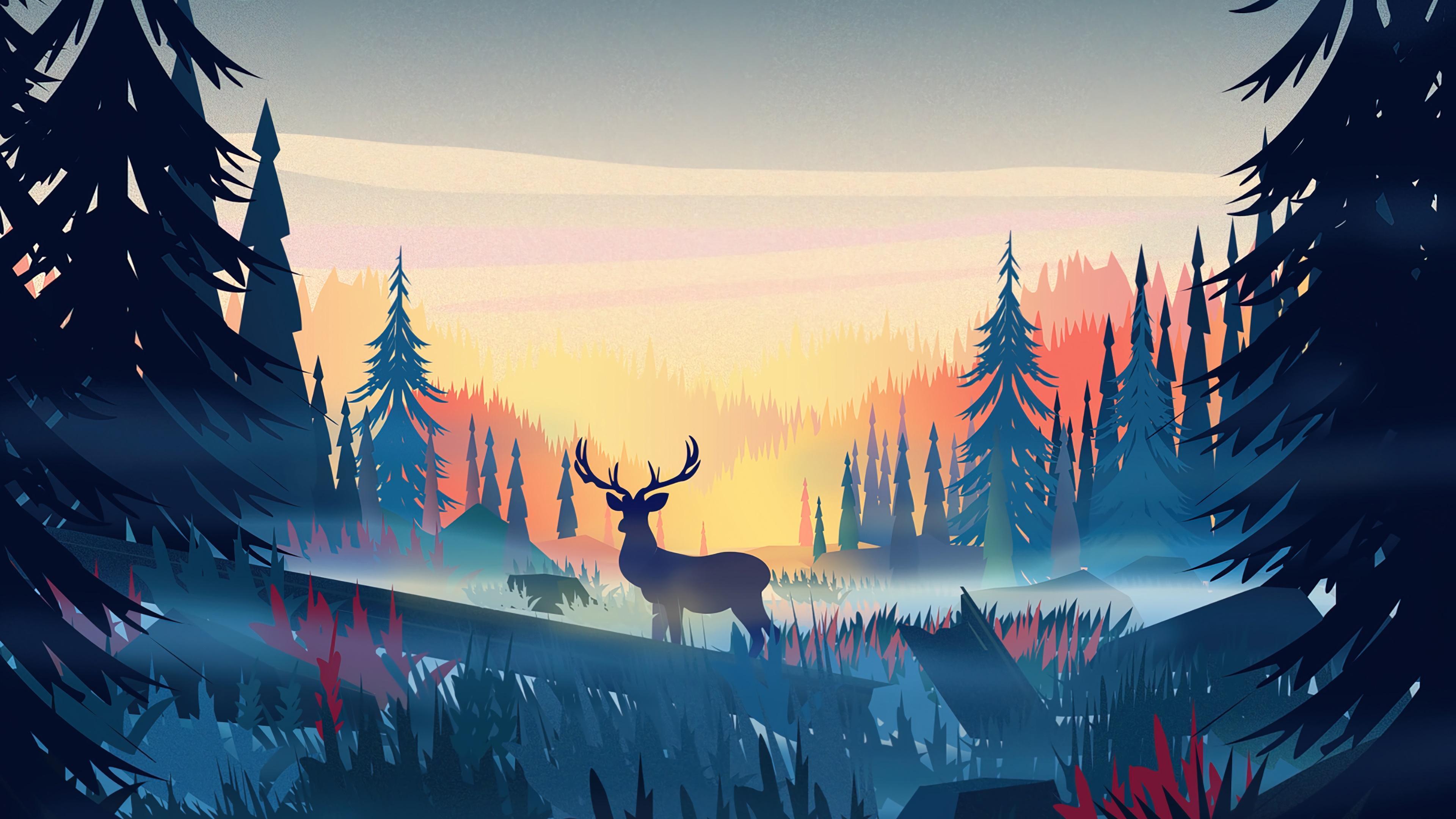 HD wallpaper, 4K, Deer, Hd, Scenery, Forest, Art, Sunrise, Nature, Wallpaper