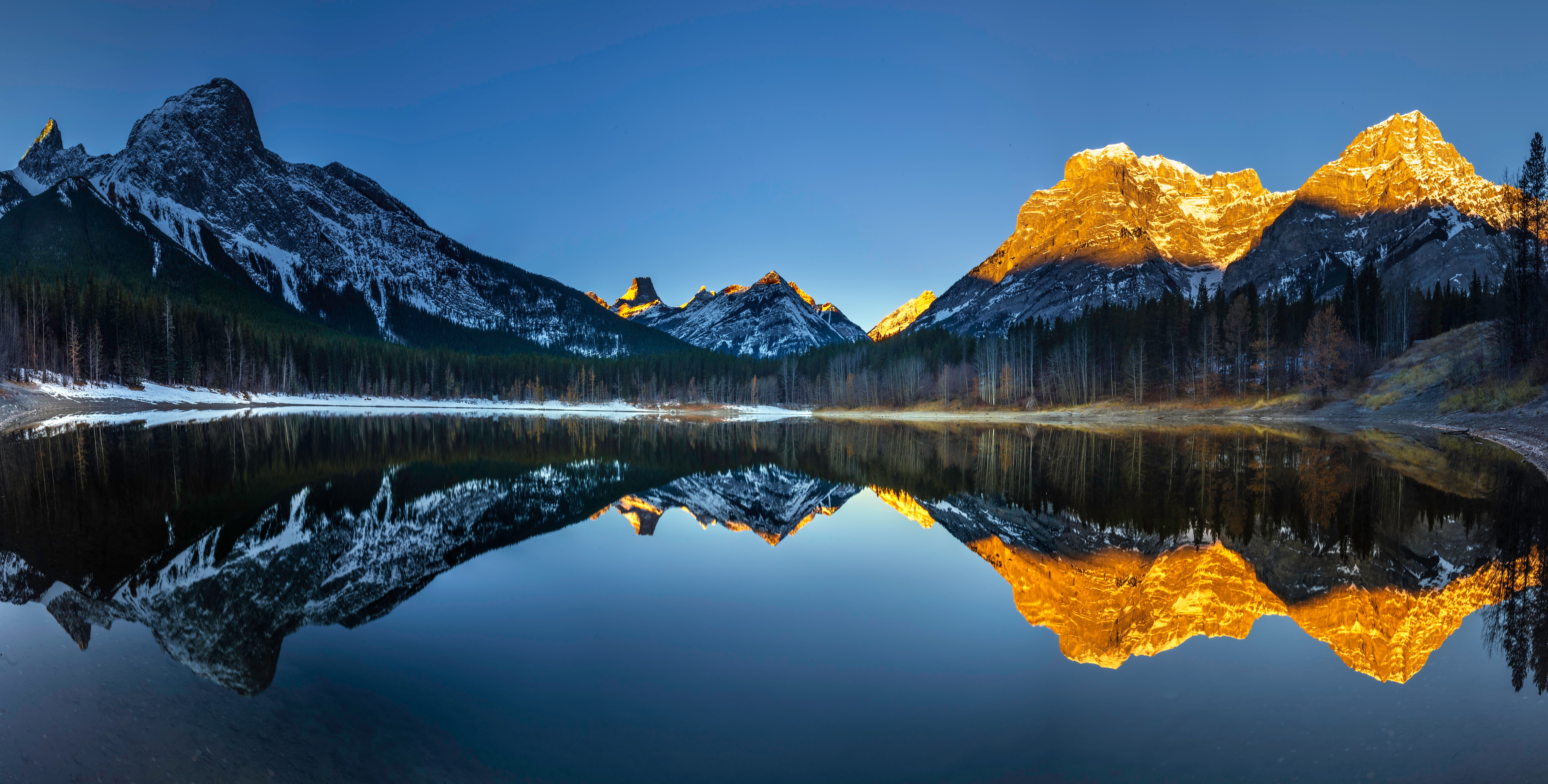 HD wallpaper, Sunrise, Scenery, Landscape, Wedge Pond, 5K, Clear Sky, Banff National Park, Alpenglow, First Light, Reflection, Alberta, Canada
