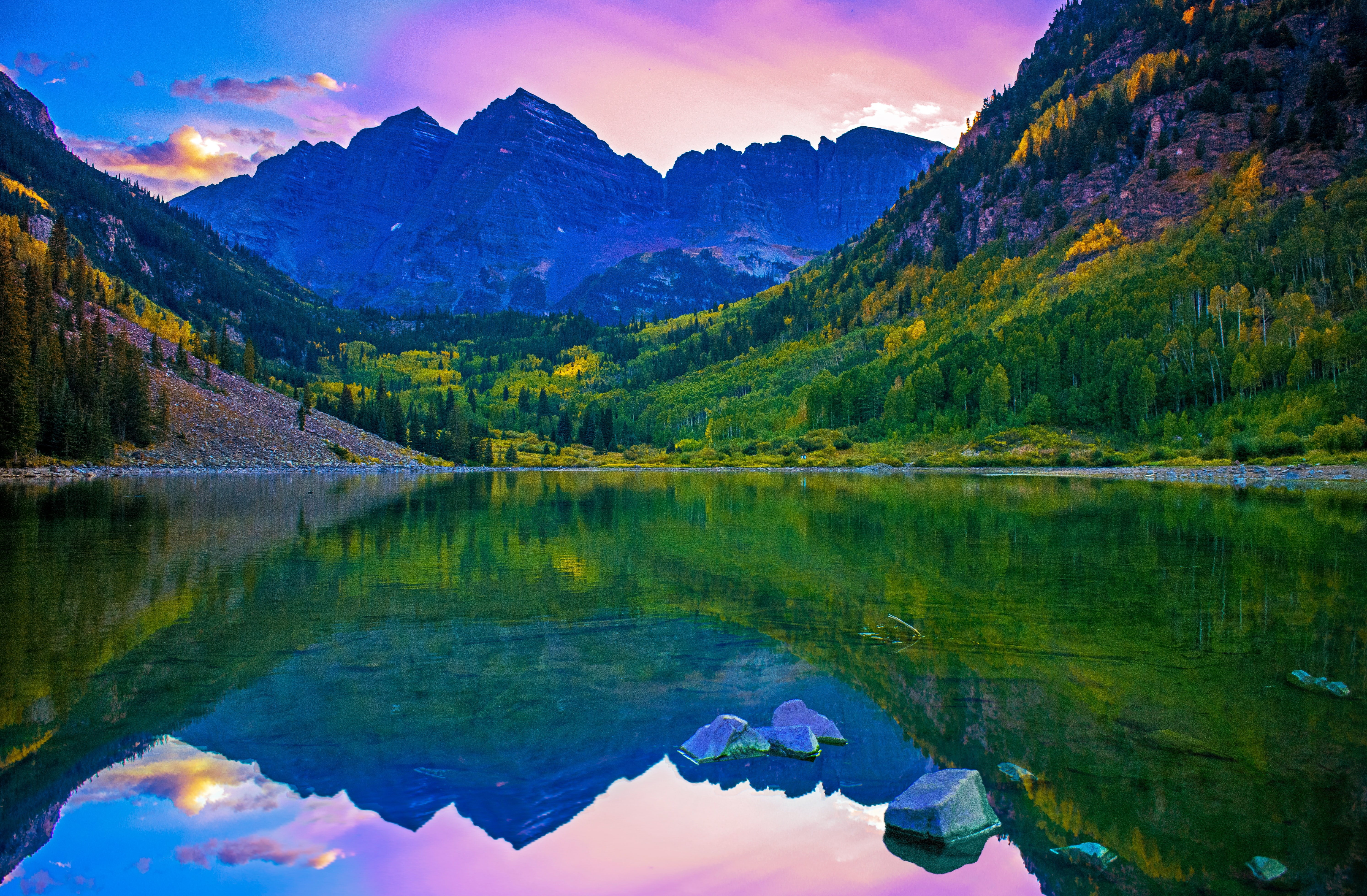HD wallpaper, Sunset, Lake, Rocky Mountains, Beautiful, Reflection, Landscape, Purple Sky, 5K, Green Trees