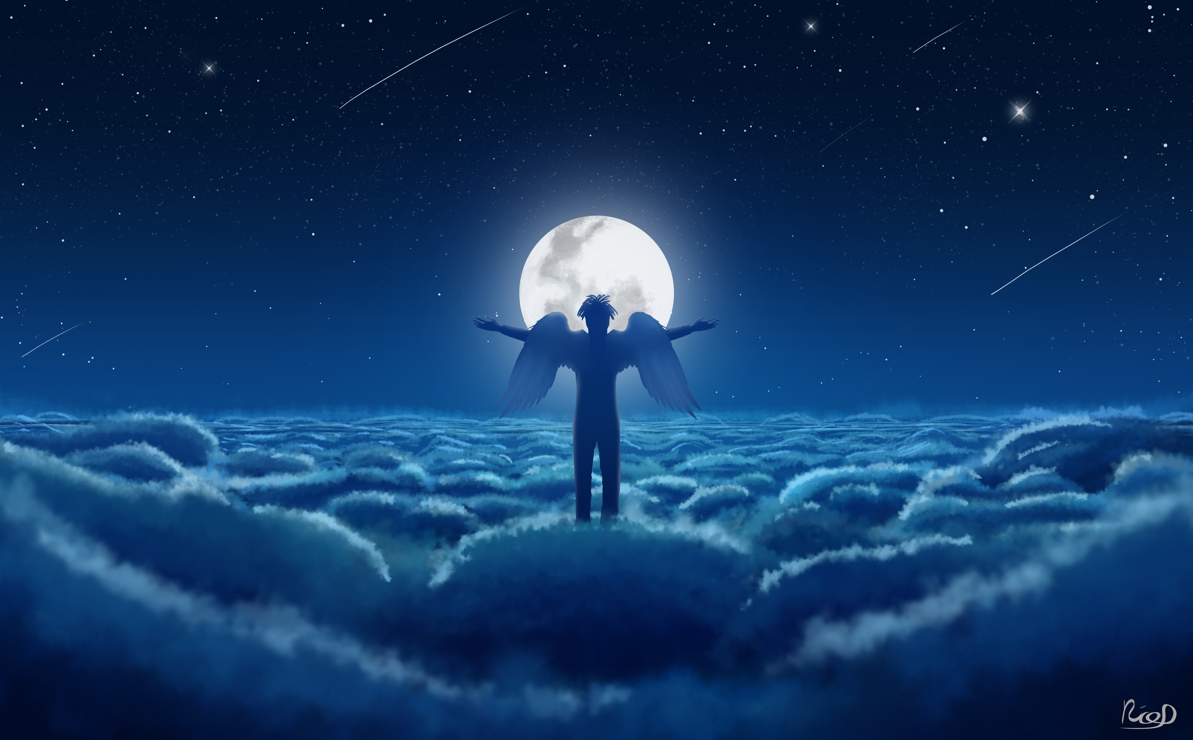 HD wallpaper, Night, Blue Aesthetic, 5K, Moonlight, Man, Wings, Dream, Above Clouds