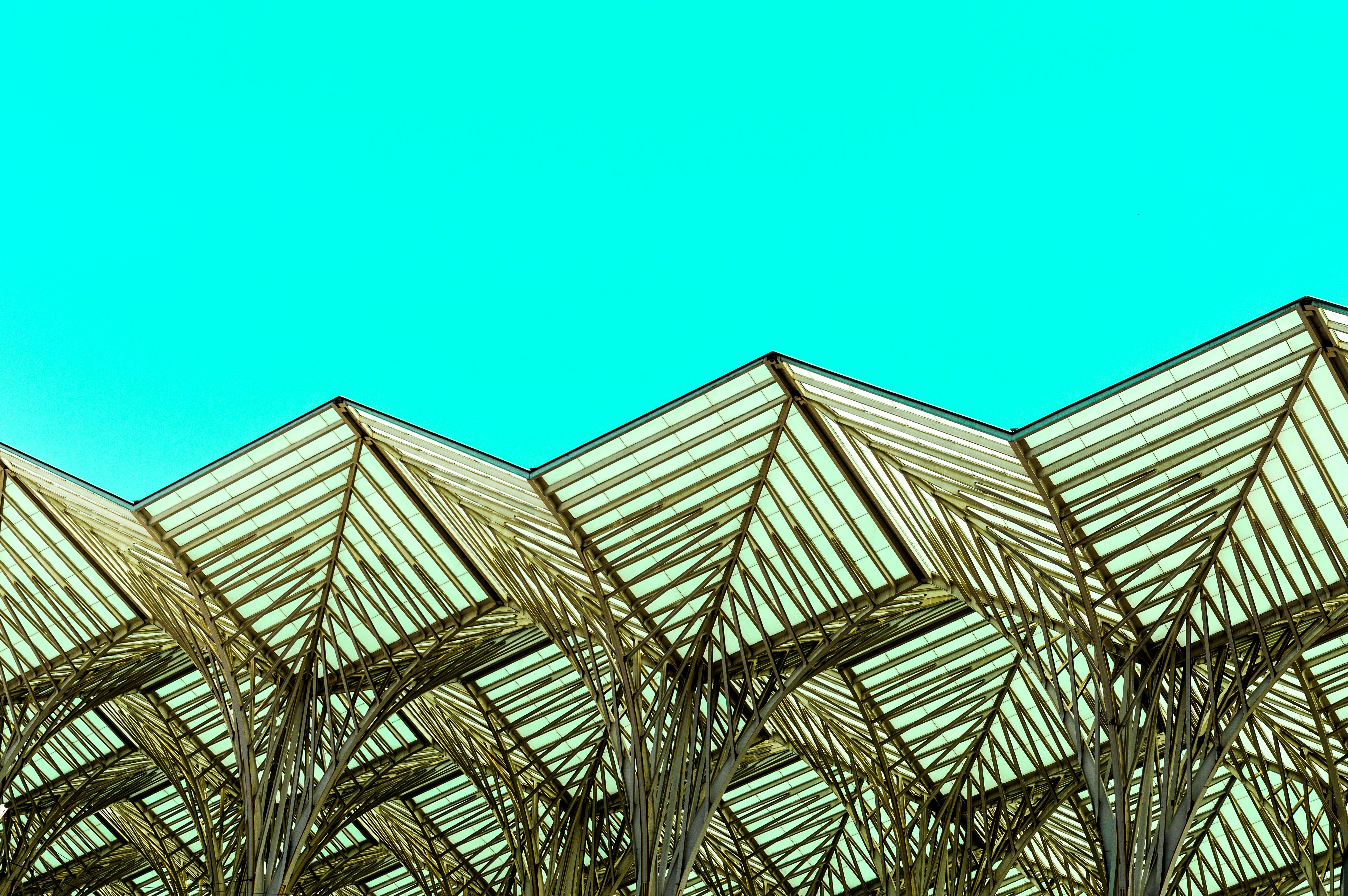 HD wallpaper, 5K, Blue Sky, Metal Design, Pattern, Modern Architecture, Shapes, Geometric