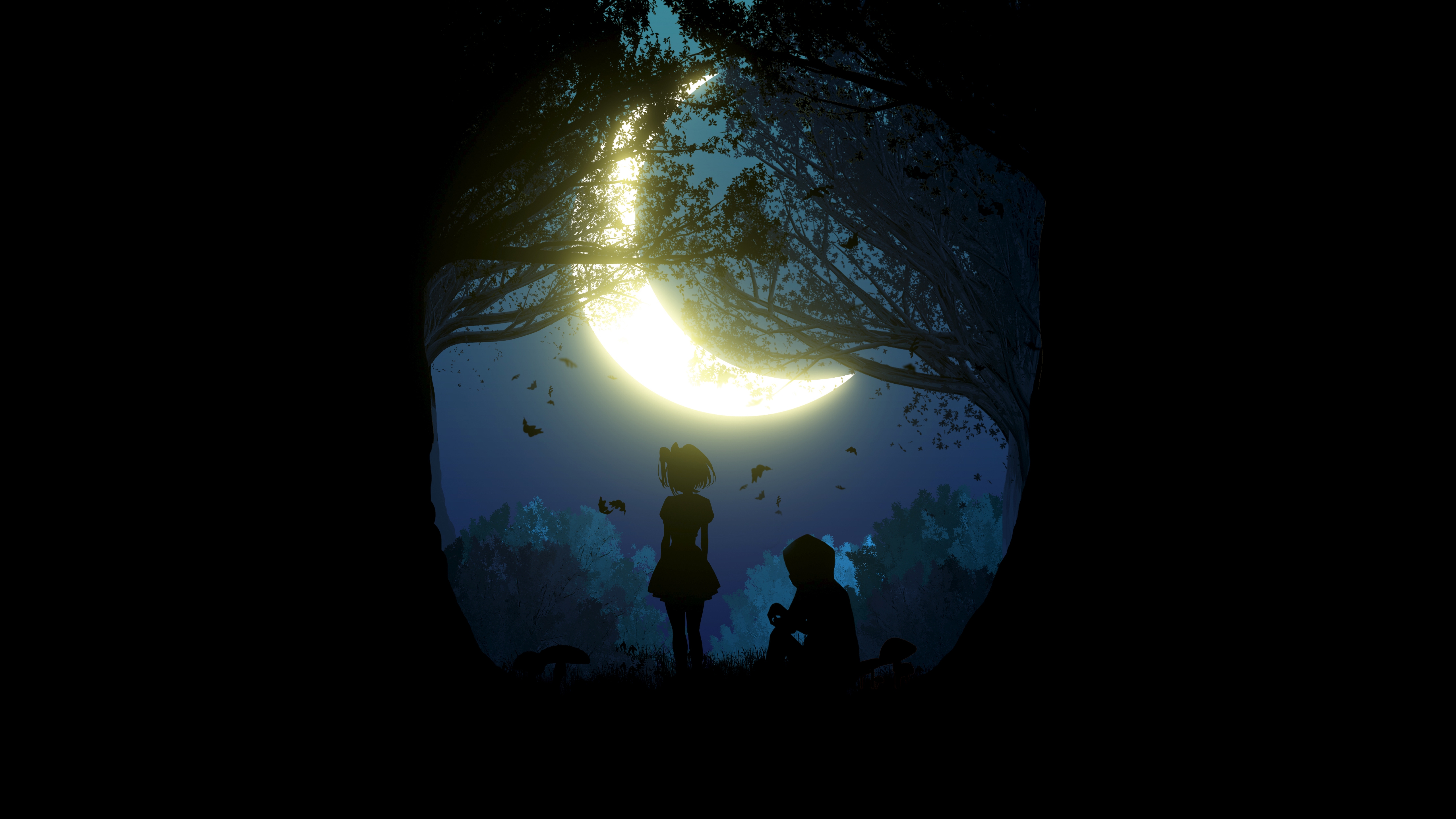 HD wallpaper, 5K, Crescent Moon, Night, Boy, Couple, Girl, Forest, Silhouette, Simple, Black Background