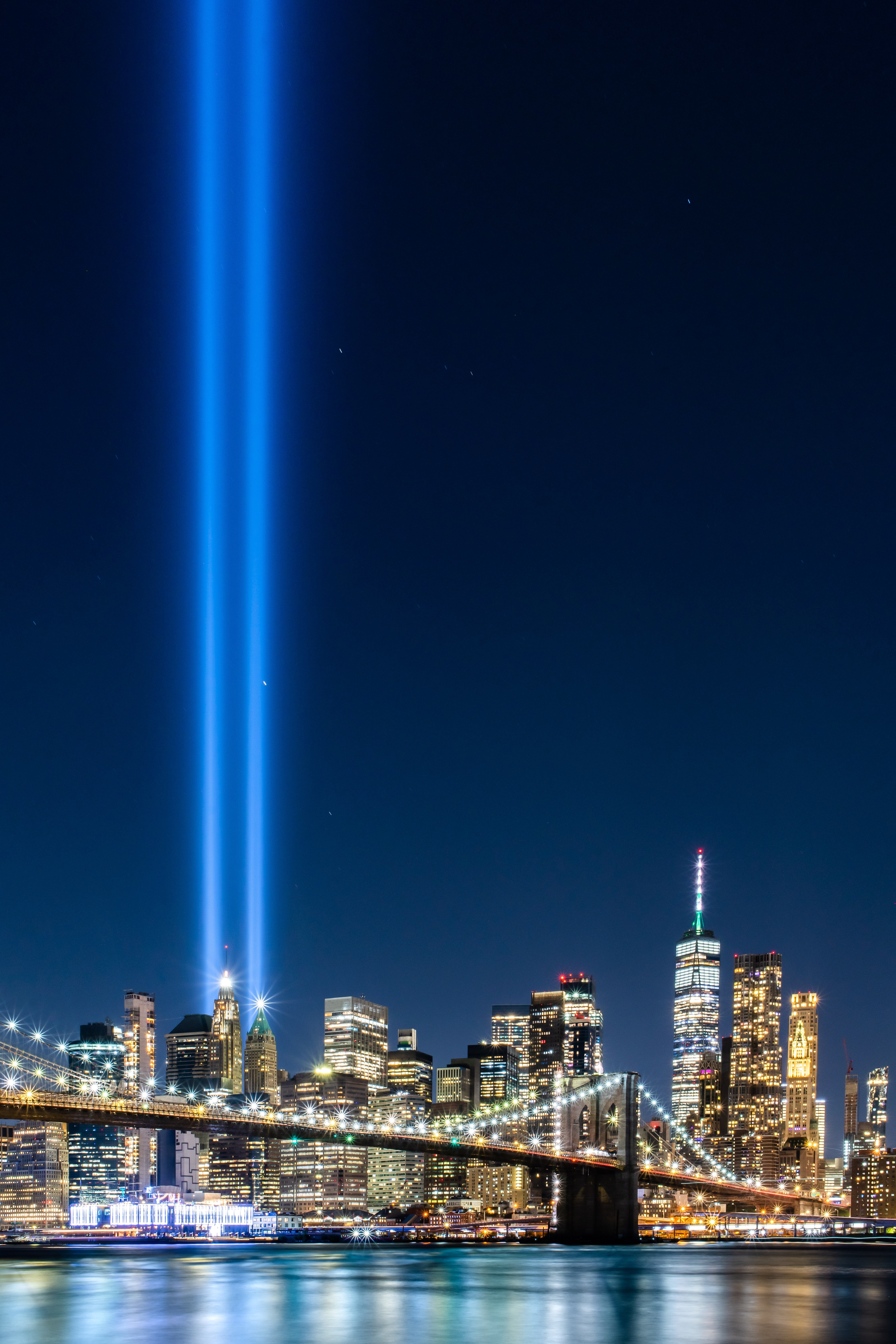 HD wallpaper, 5K, City Lights, Tribute In Light, Bridge, Cityscape, 911 Memorial, Night Time, Spotlight, September 11