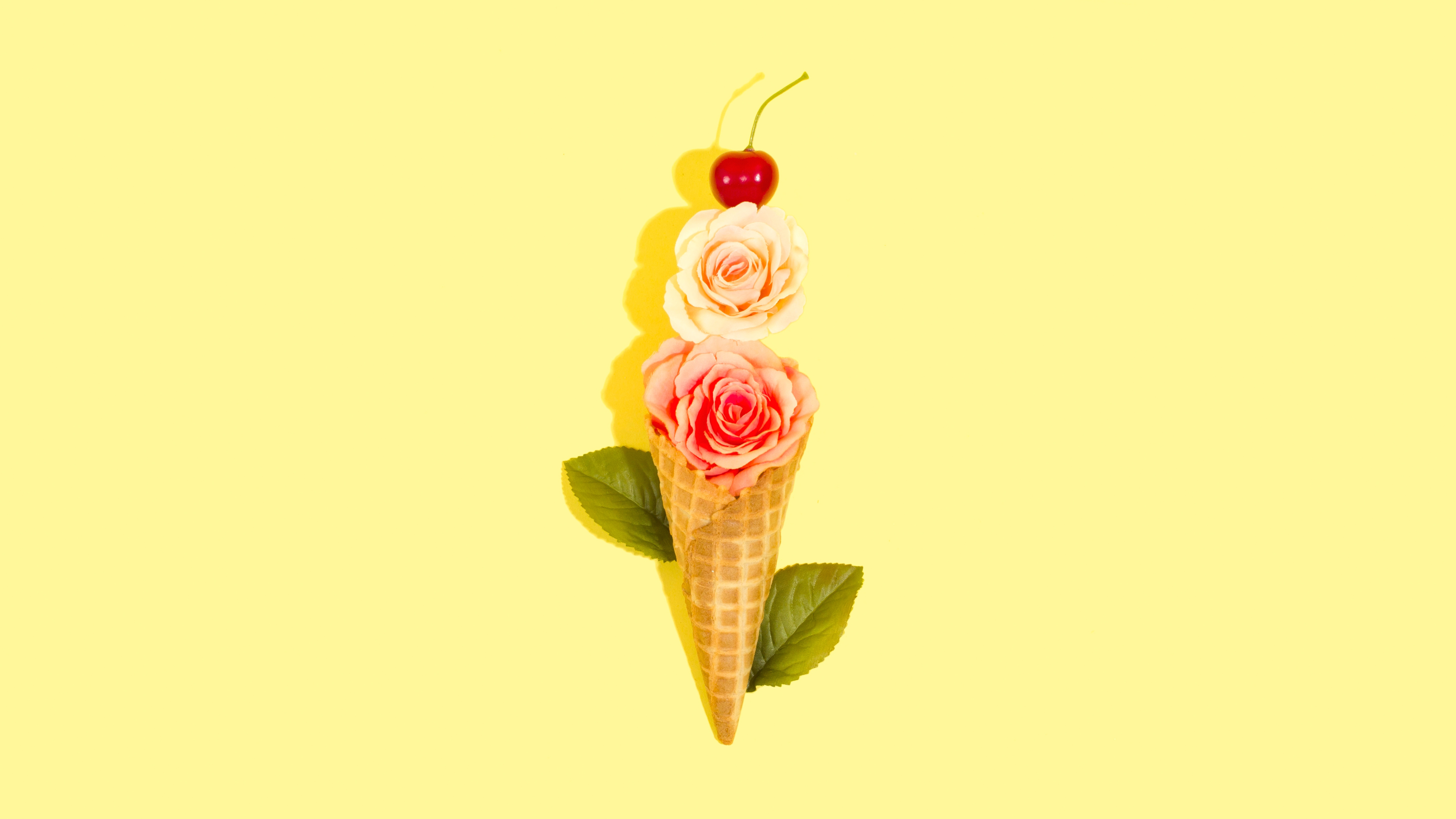 HD wallpaper, Cherry Fruits, Ice Cream Cone, Yellow Background, 5K, Rose Flowers, Leaves