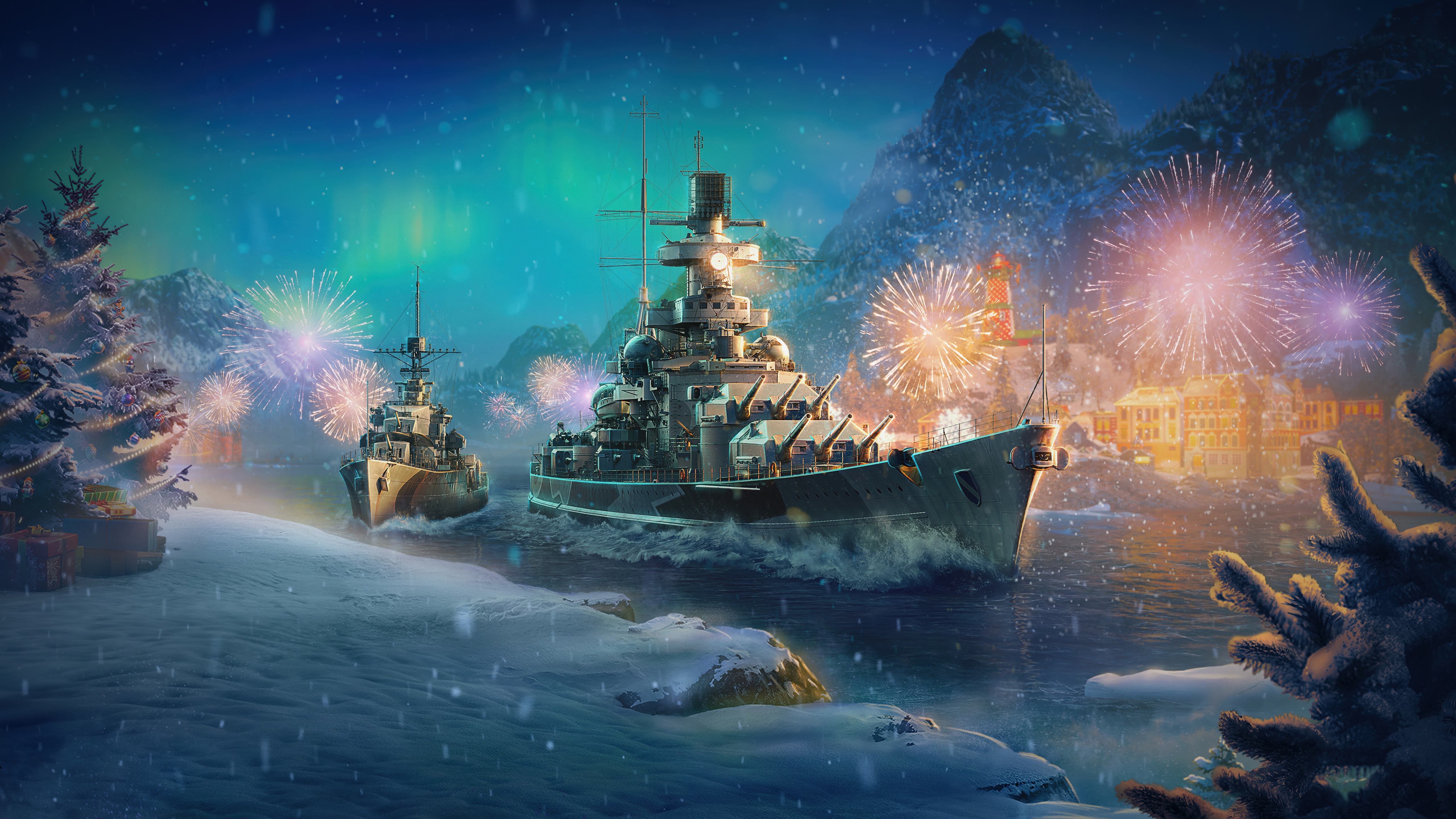 HD wallpaper, Christmas Special, 5K, World Of Warships, Fireworks
