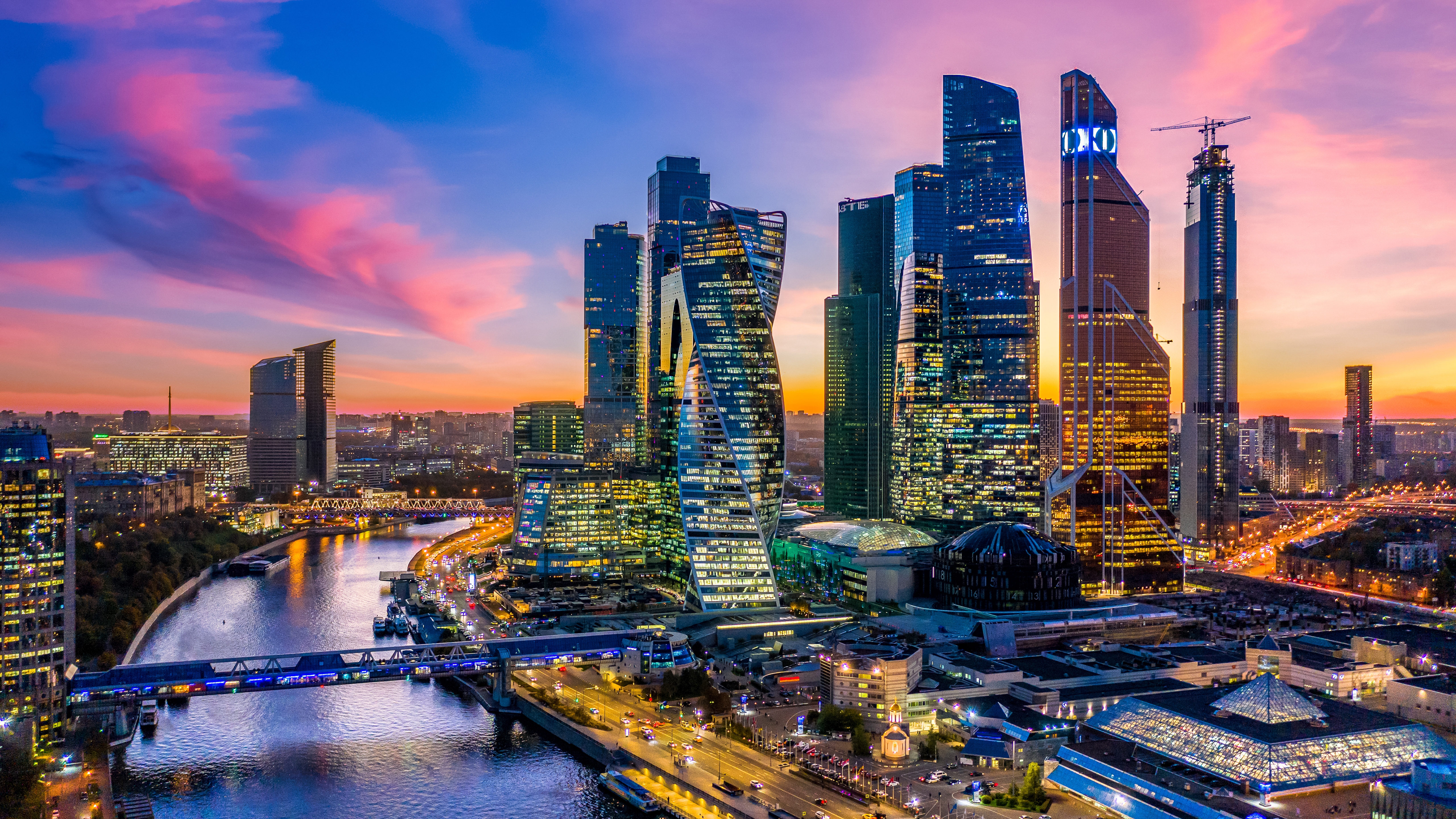 HD wallpaper, Moscow City, Moscow, Evening, City Lights, Cityscape, Skyscrapers, Russia, 5K