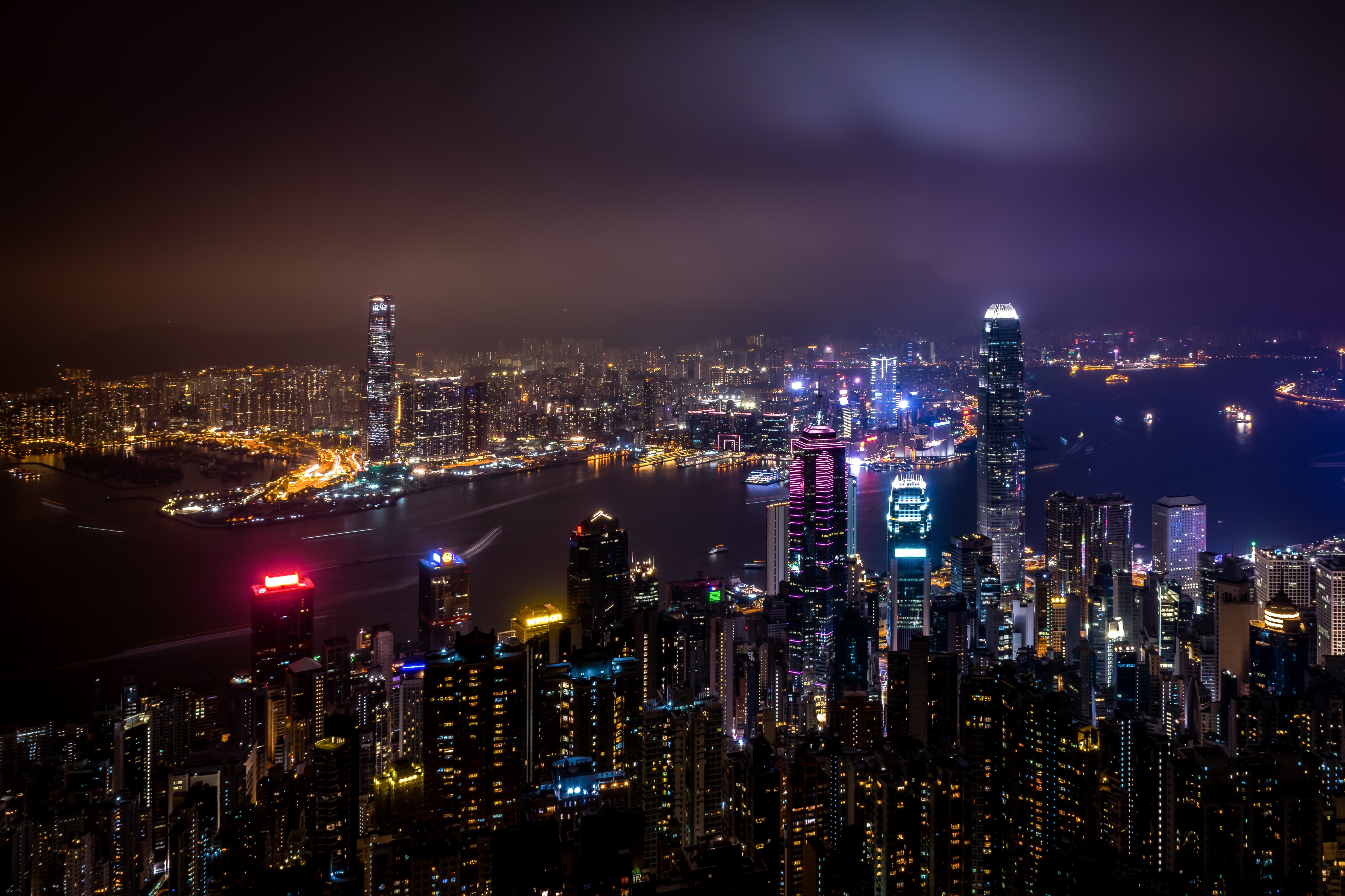 HD wallpaper, River, Cityscape, Aerial View, Skyscrapers, Body Of Water, City Lights, Night Time, Hong Kong City Skyline, 5K