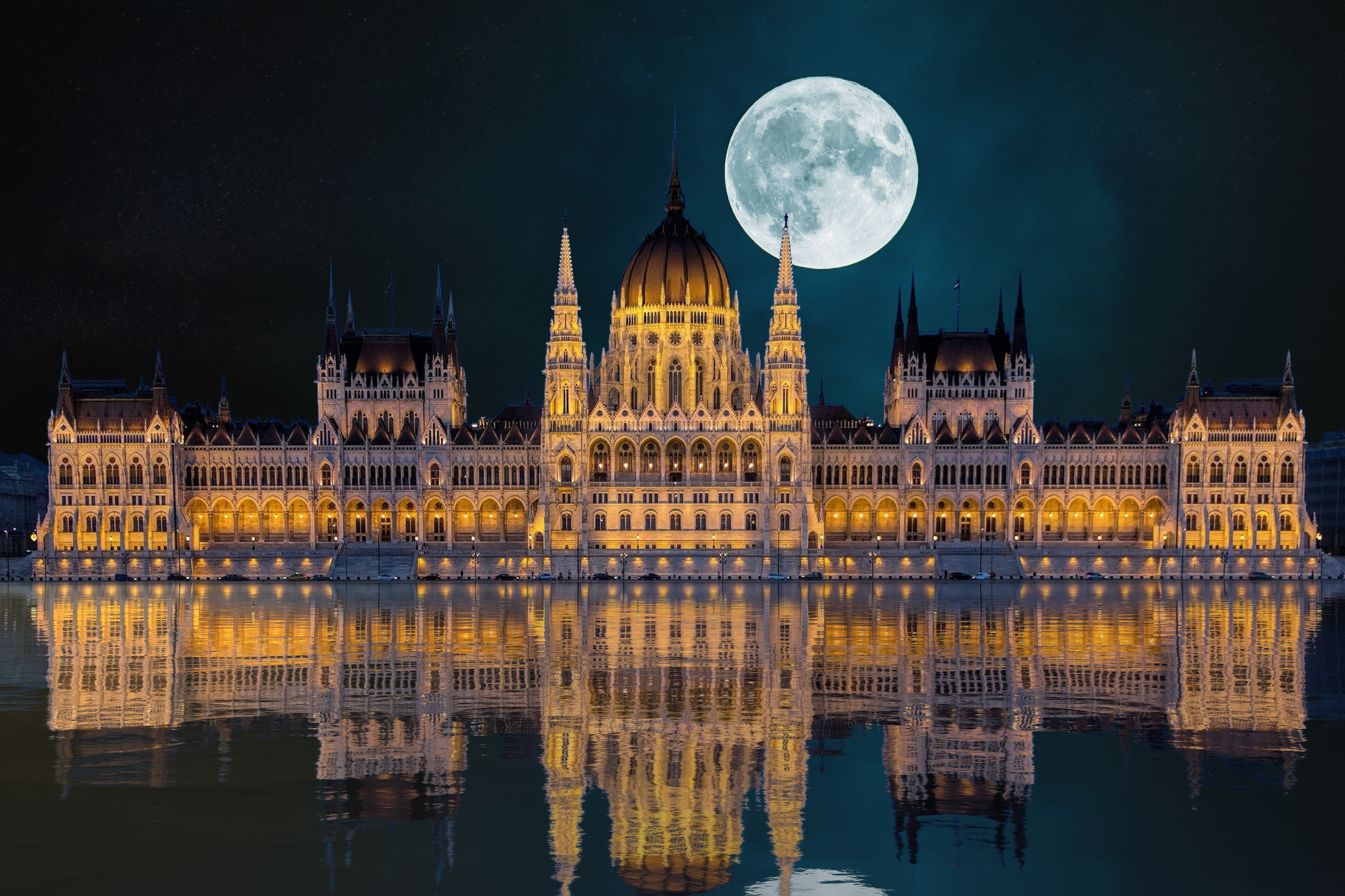 HD wallpaper, Moon, Hungarian Parliament Building, 8K, Landmark, Ancient Architecture, Hungary, 5K, Budapest