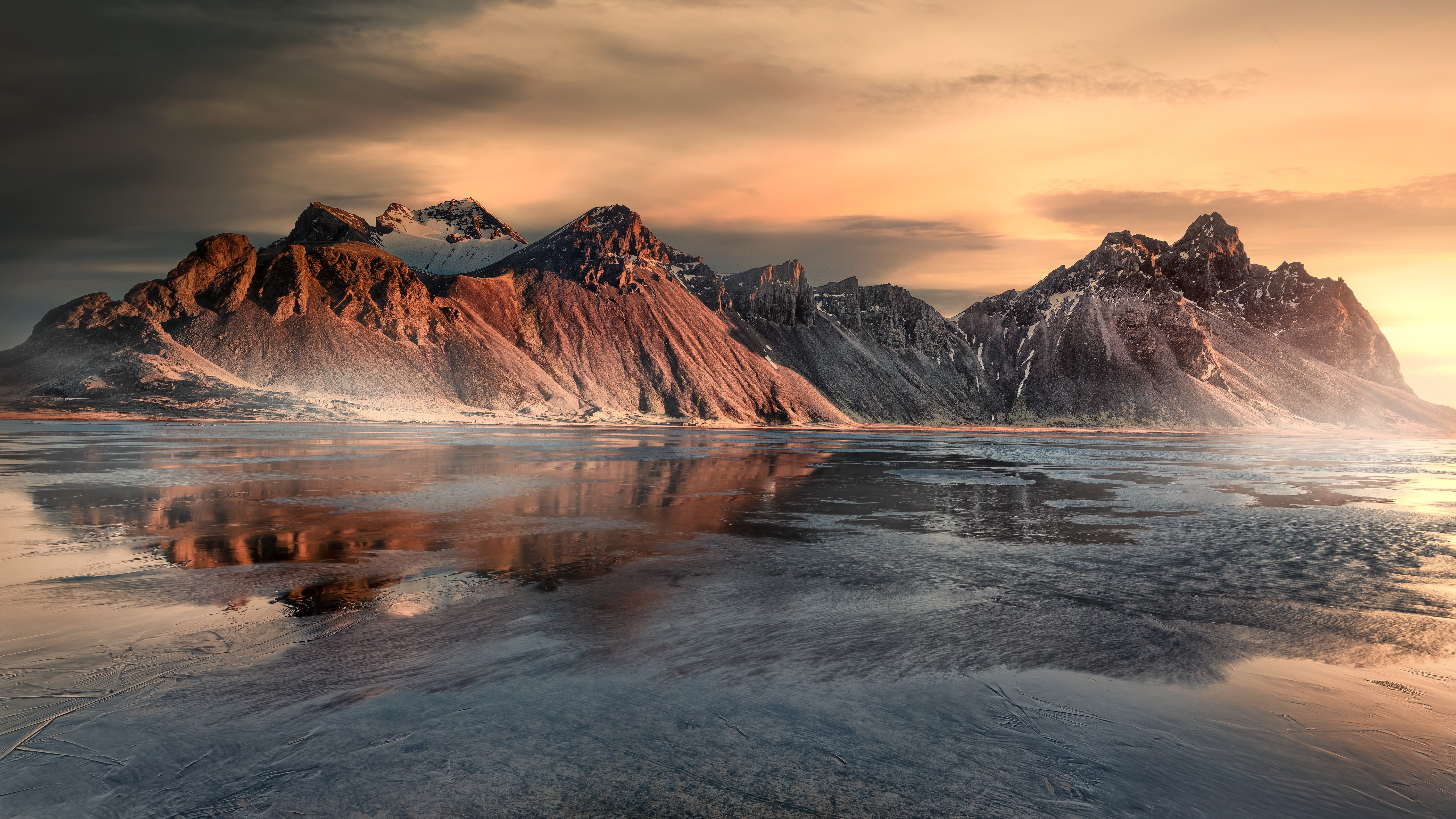 HD wallpaper, Mist, Landscape, Scenery, Vestrahorn, Sunrise, Iceland, Frozen, Mountain Range, 5K, Snow Covered, Winter
