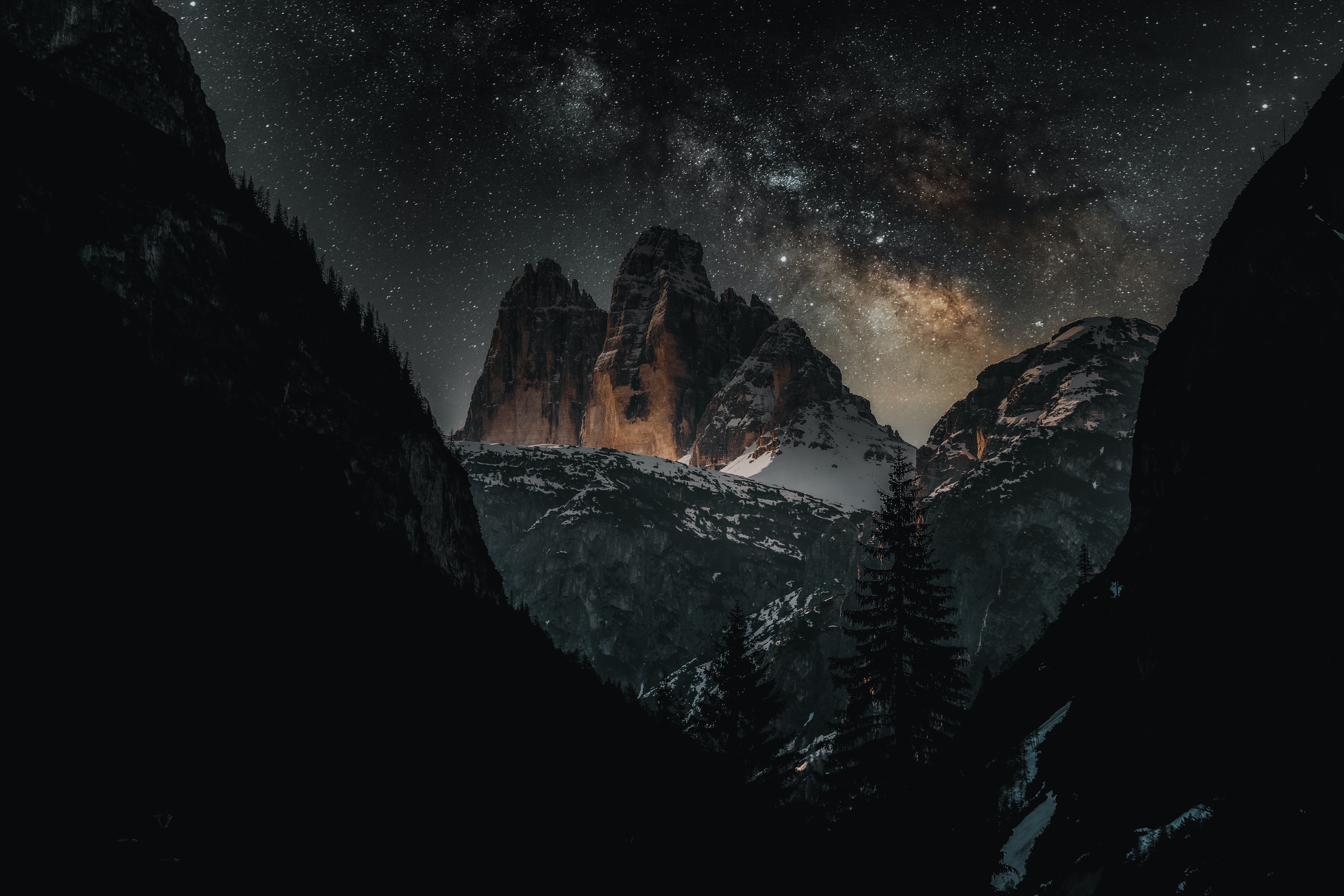HD wallpaper, Dolomites, Starry Sky, Tourist Attraction, Three Peaks Of Lavaredo, Snow Covered, Italy, Mountain Peaks, Milky Way, Night Time, Outer Space, 5K
