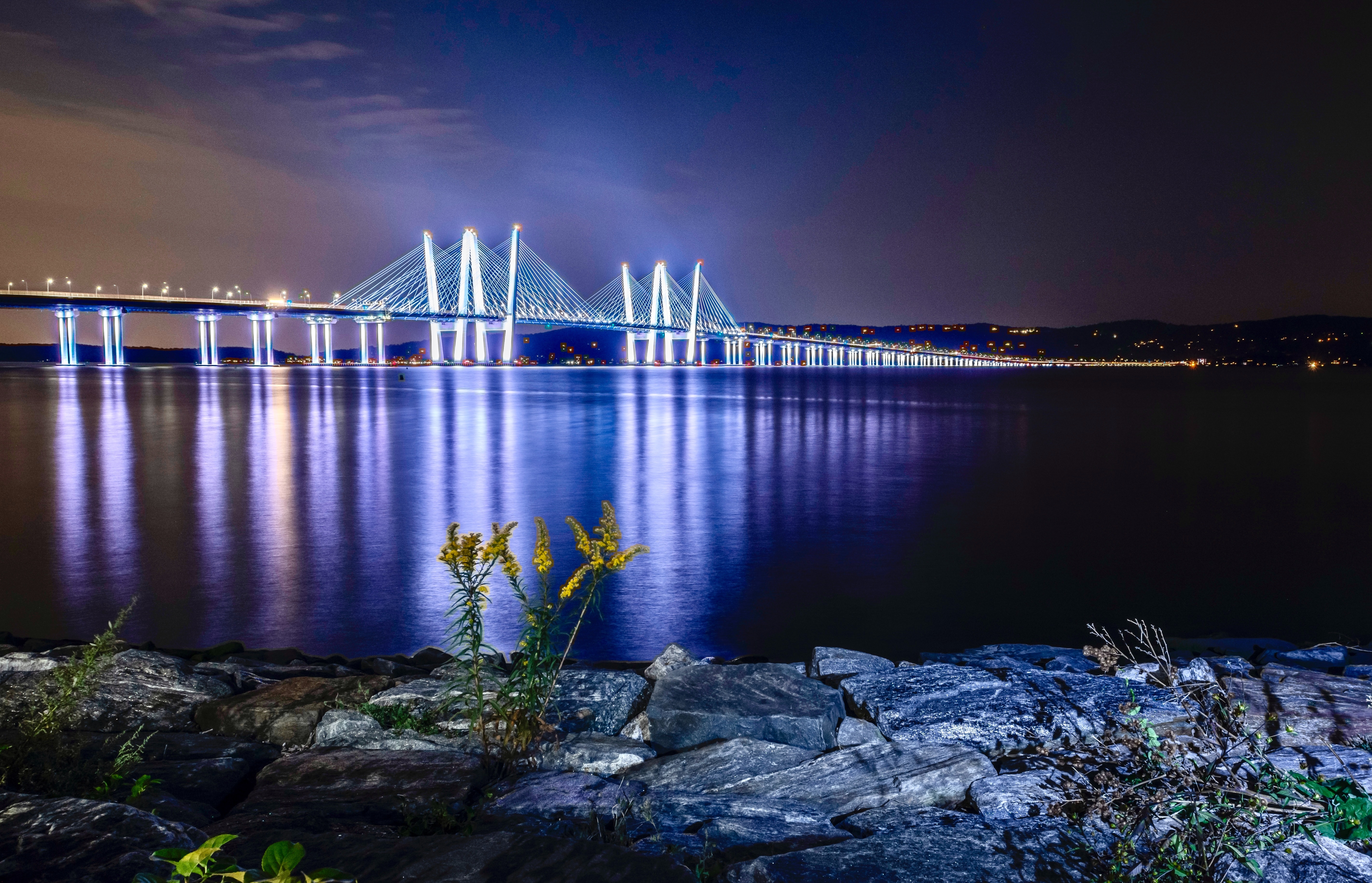 HD wallpaper, Night Time, River, 5K, Body Of Water, Landscape, Reflection, Dawn, Cable Stayed Bridge, Sunset