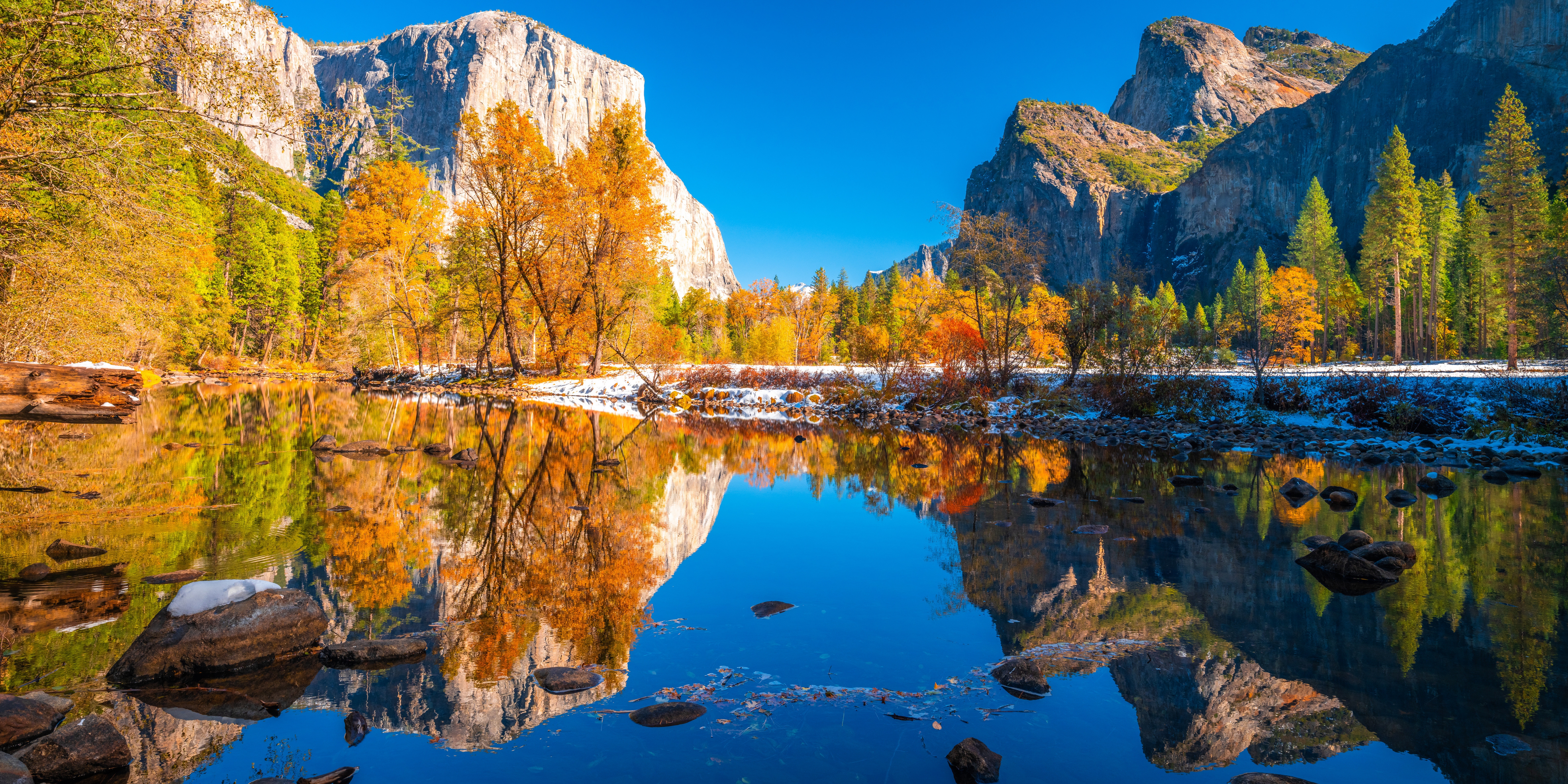 HD wallpaper, Rocks, Yosemite National Park, Landscape, Reflections, 5K, Cliff, California, Sunny Day, Scenery, Lake, Autumn