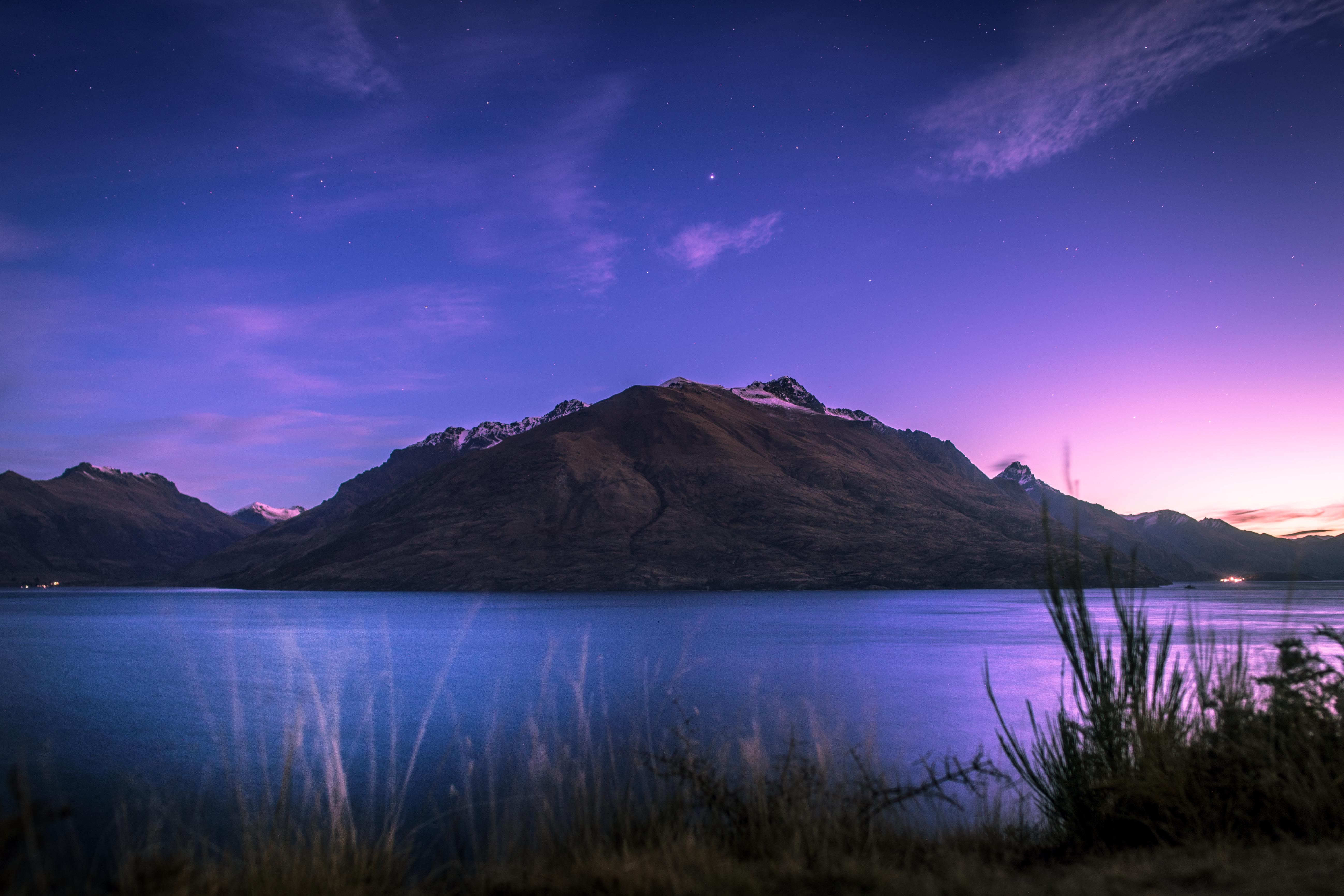 HD wallpaper, Sunset, Purple Sky, Landscape, New Zealand, Lake Wakatipu, 5K, Stars, Mountain, Dusk