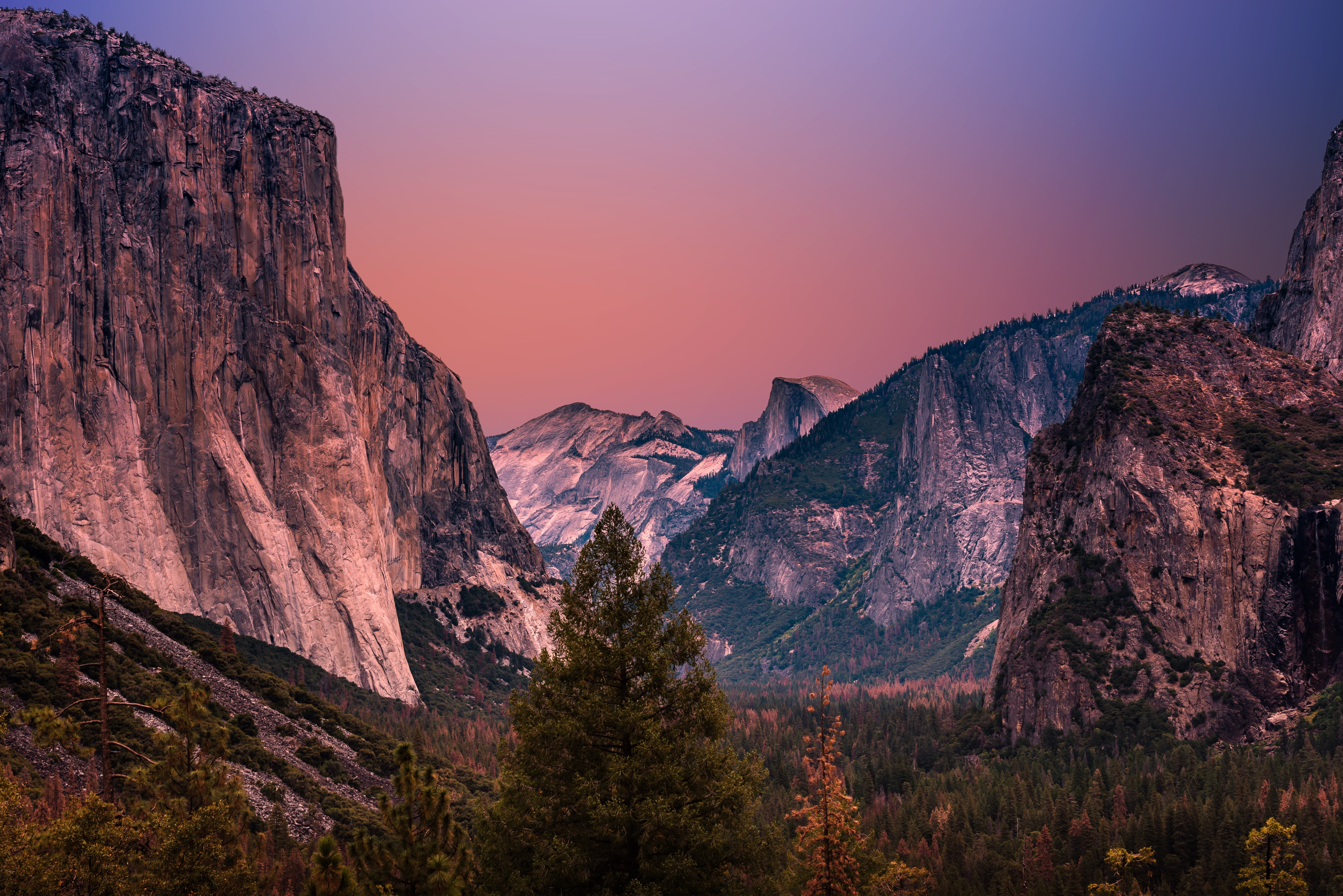 HD wallpaper, 5K, Landscape, Cliffs, Purple Sky, United States, Yosemite Valley, Mountain Range, Golden Hour