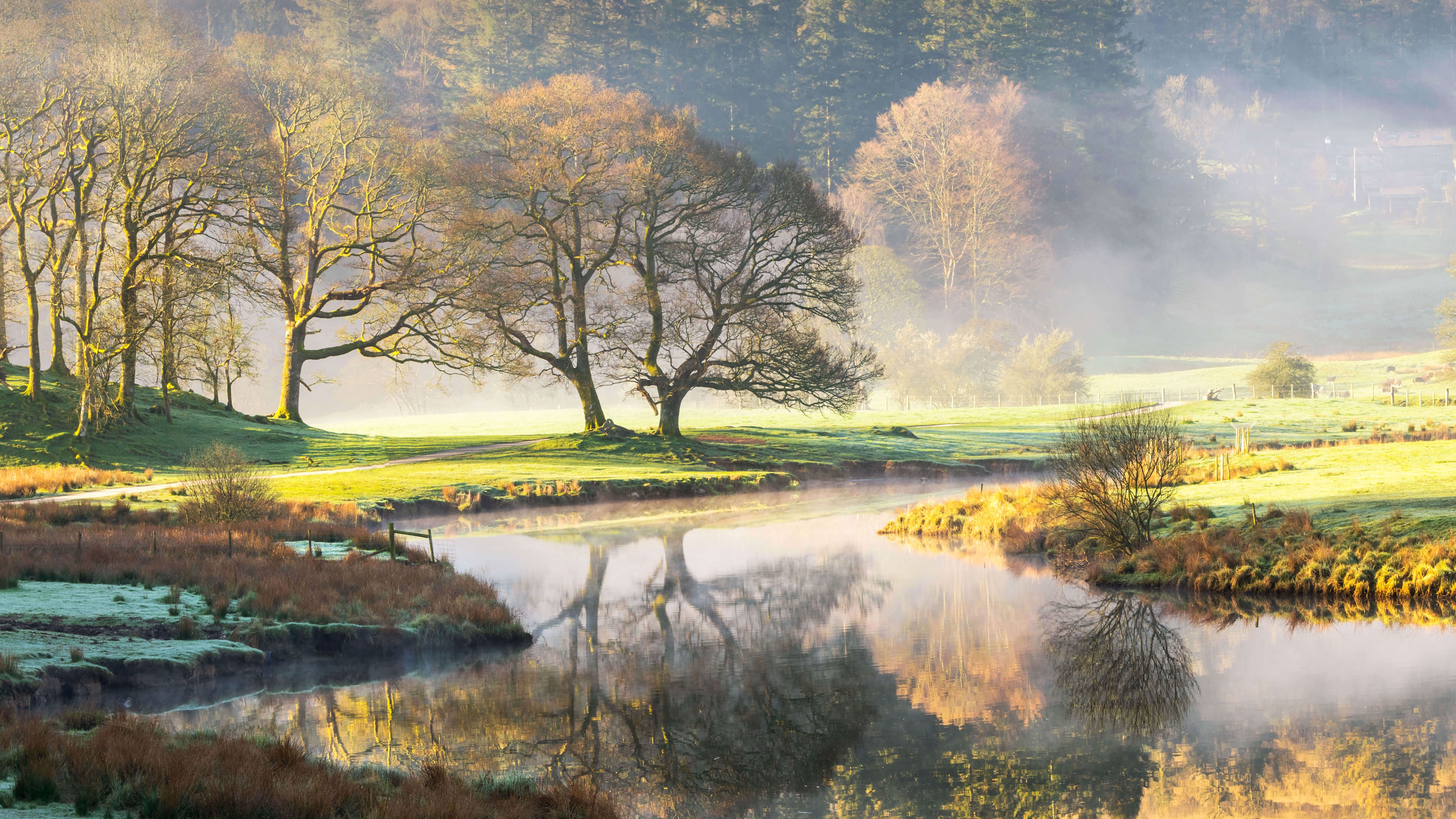 HD wallpaper, Reflections, Fall, 5K, Foggy, Landscape, Scenery, Morning, River Brathay