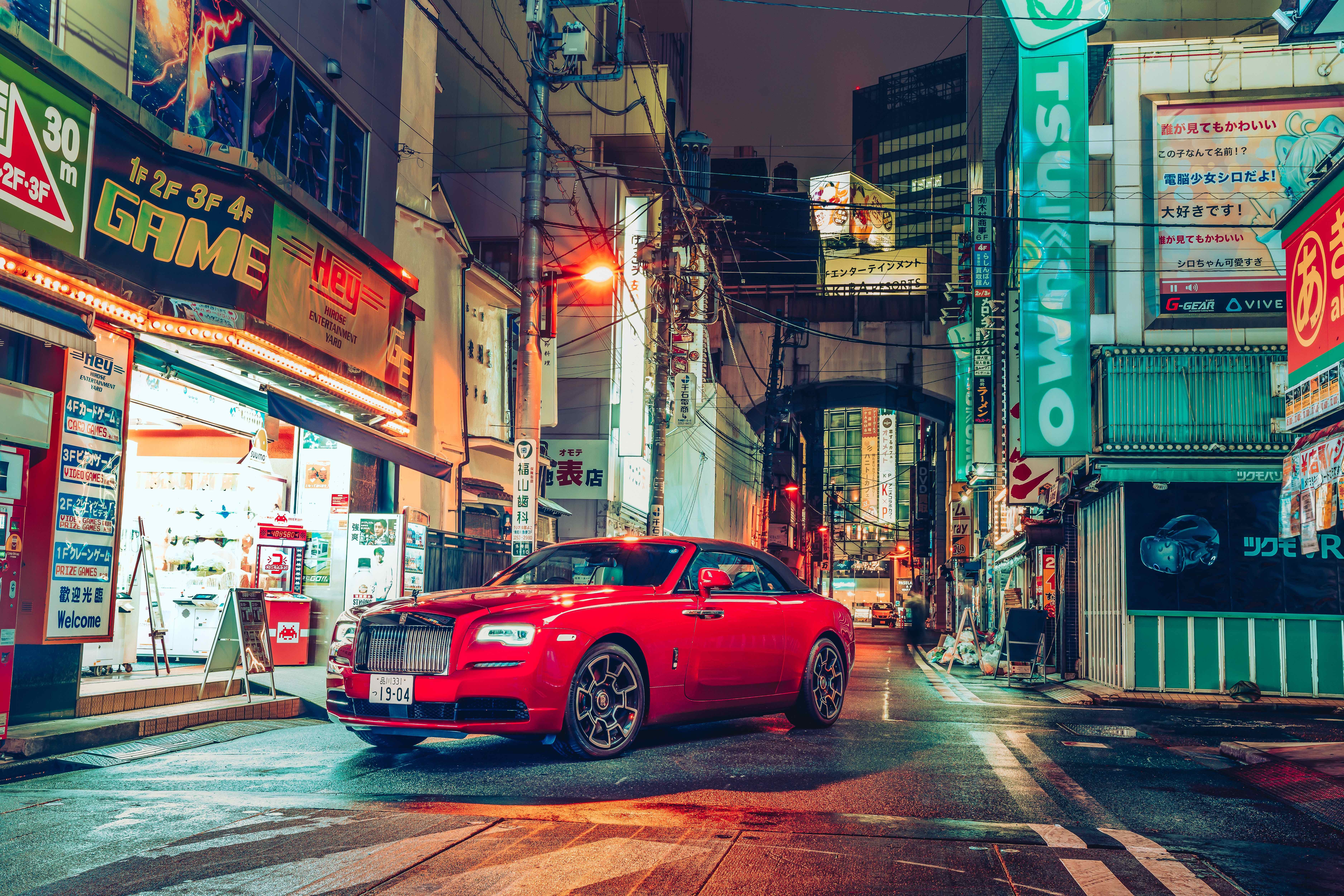 HD wallpaper, 2021, Lights, Night, Streets, 8K, Tokyo, 5K, Rolls Royce Dawn Black Badge, Cityscape