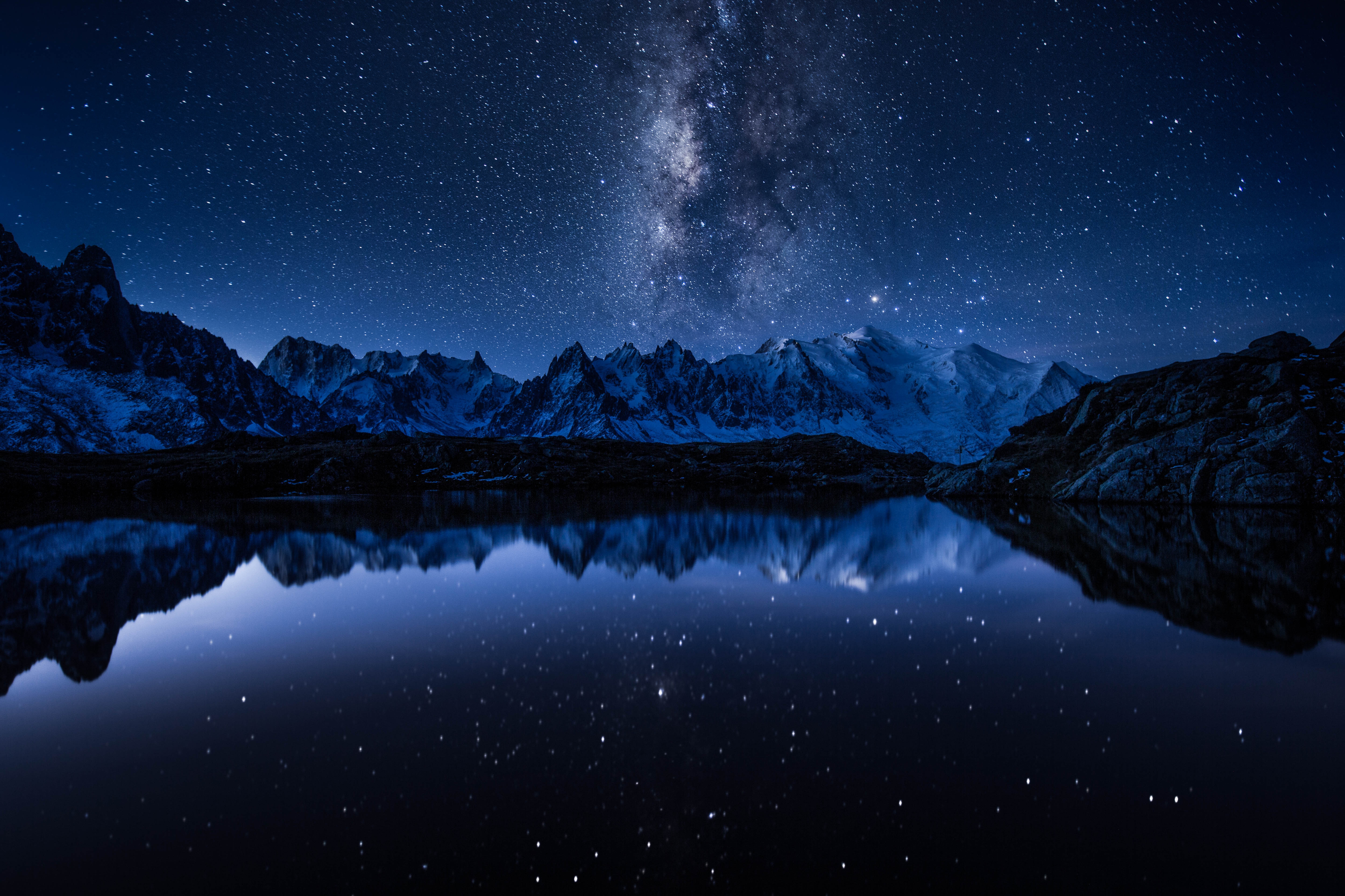 HD wallpaper, Reflection, Mountains, Night, 5K, Lake, Cold, Starry Sky, Milky Way