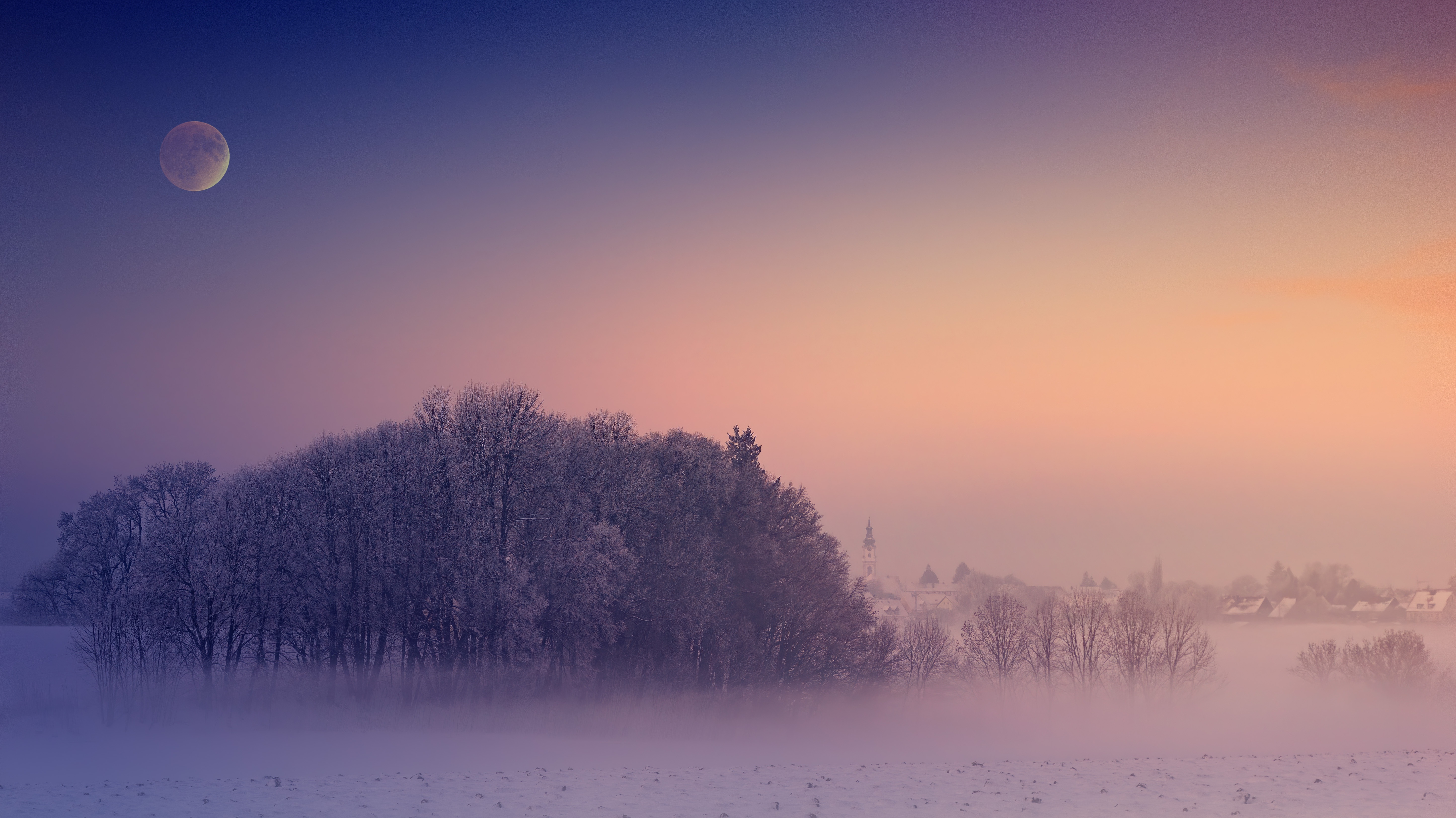 HD wallpaper, Winter, Moon, 5K, Foggy, Aesthetic, Cold, Morning, Landscape