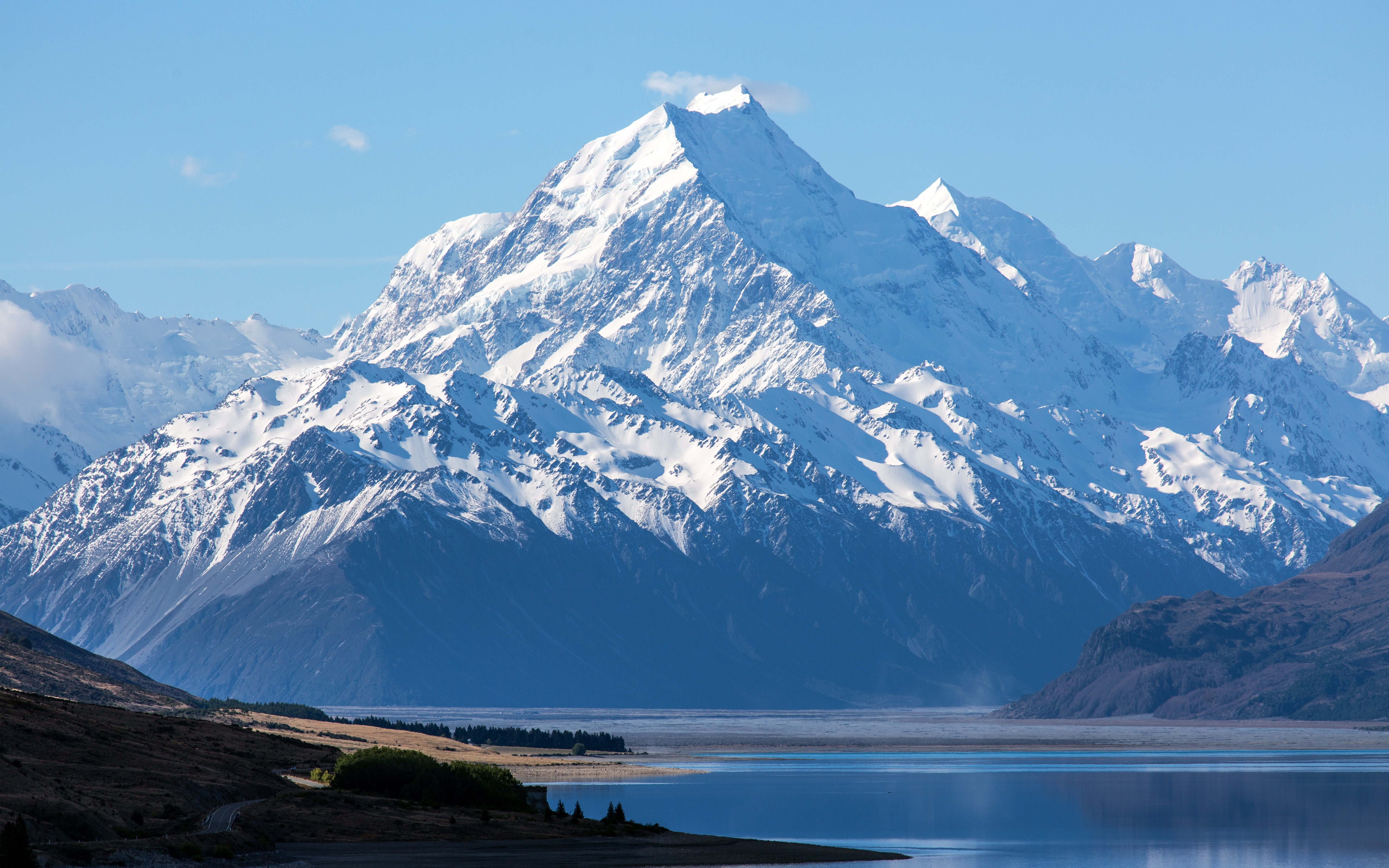HD wallpaper, Landscape, Mount Cook, Scenery, Snow Covered, 5K, Lake Pukaki, Aoraki National Park, New Zealand, Mountain Peak