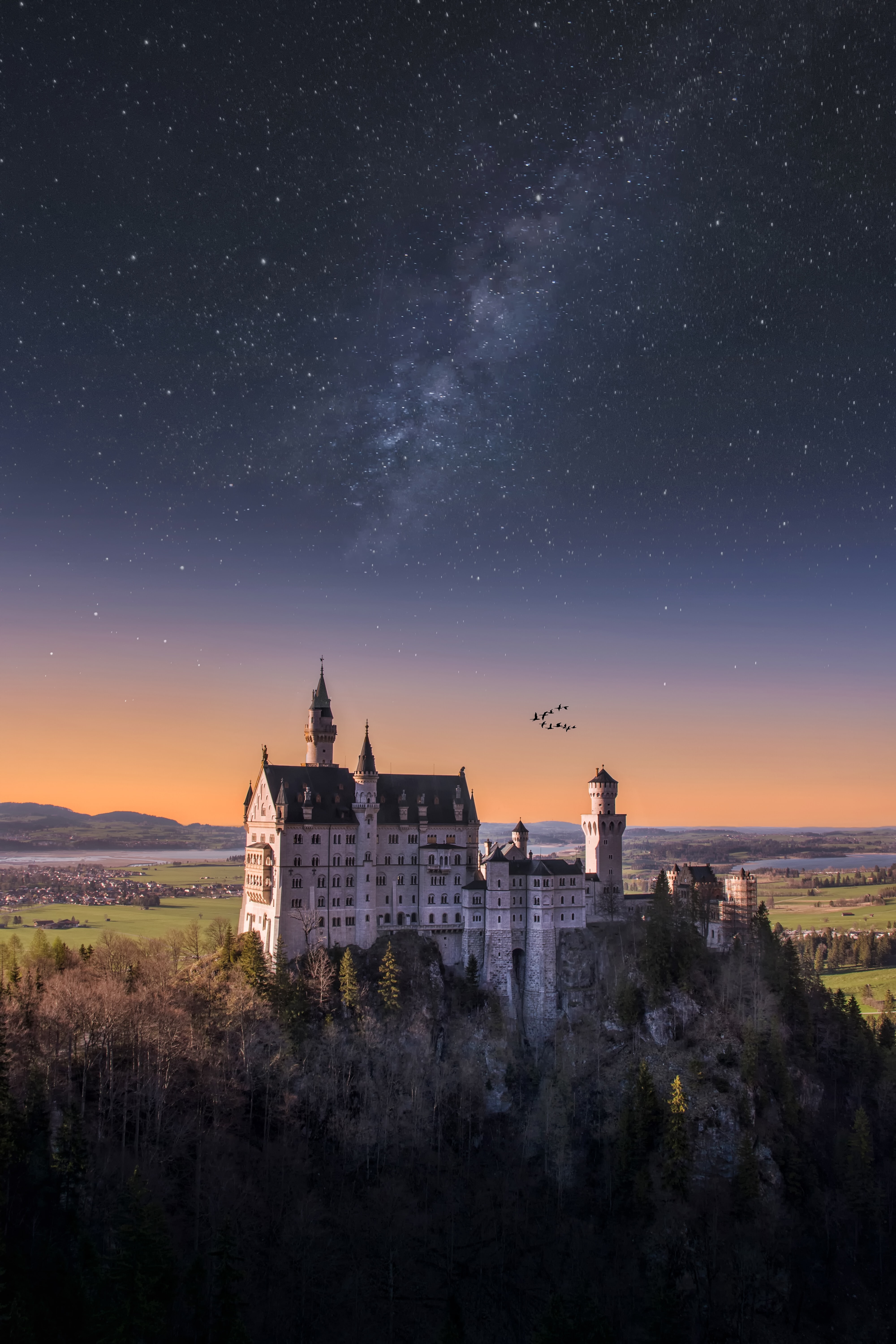 HD wallpaper, Outer Space, 5K, Stars, Germany, Astronomy, Landscape, Ancient Architecture, Neuschwanstein Castle, Starry Sky