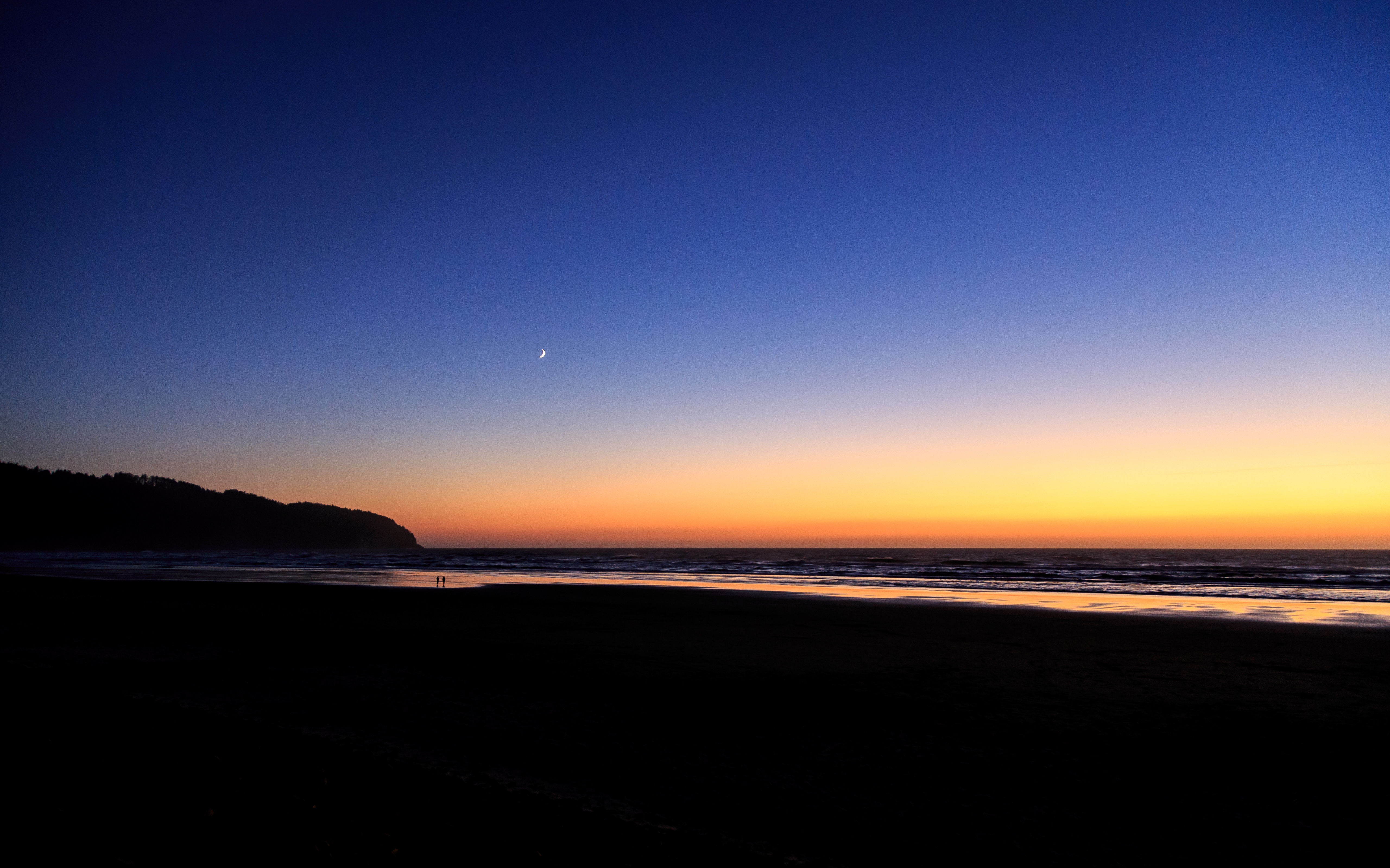 HD wallpaper, Clear Sky, Silhouette, Moon, Landscape, Seascape, Ocean, 5K, Horizon, Beach, Sunset