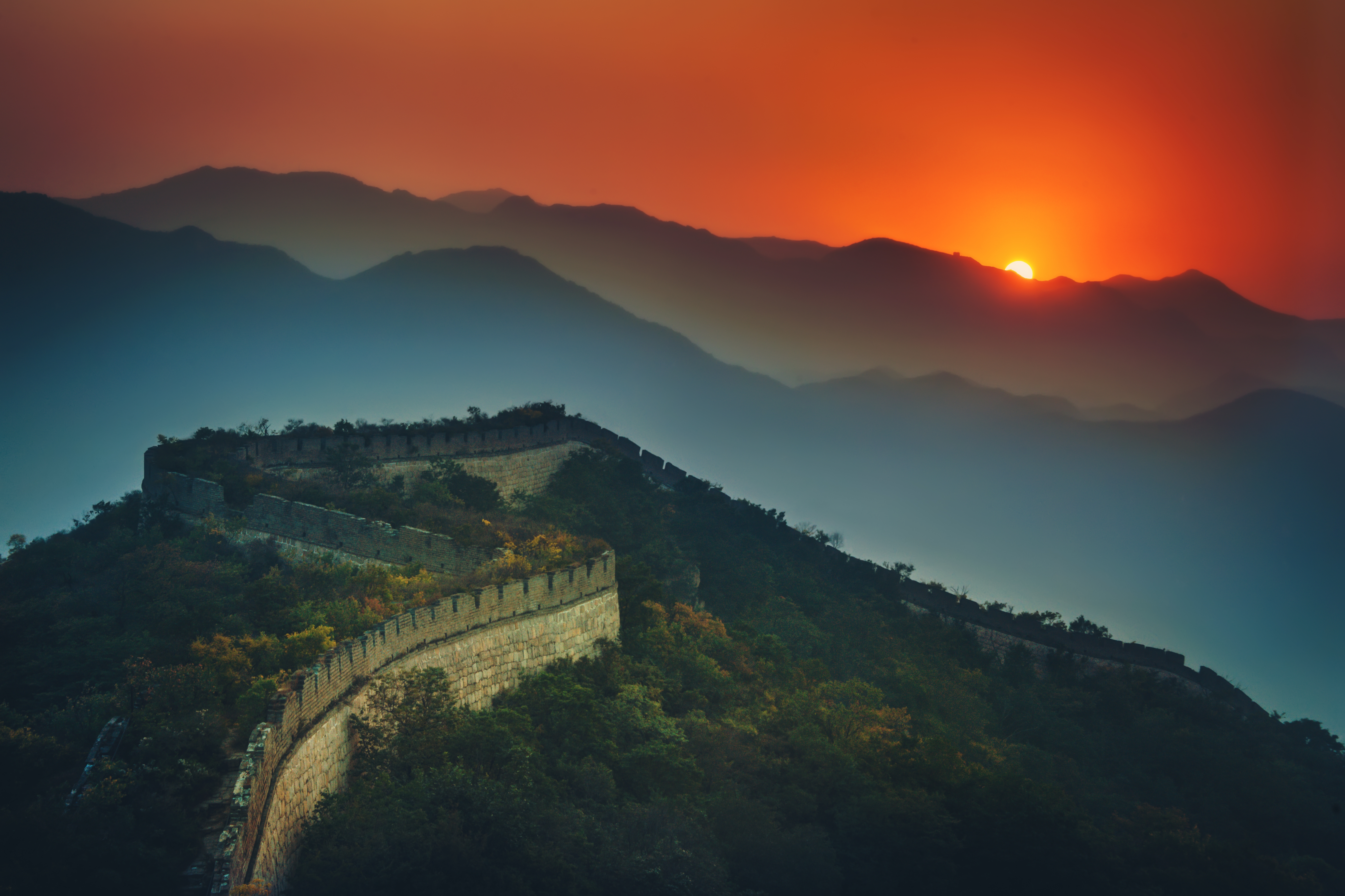 HD wallpaper, Green Trees, Mountains, Aerial View, Great Wall Of China, Beijing, 5K, Sunset, Orange Sky
