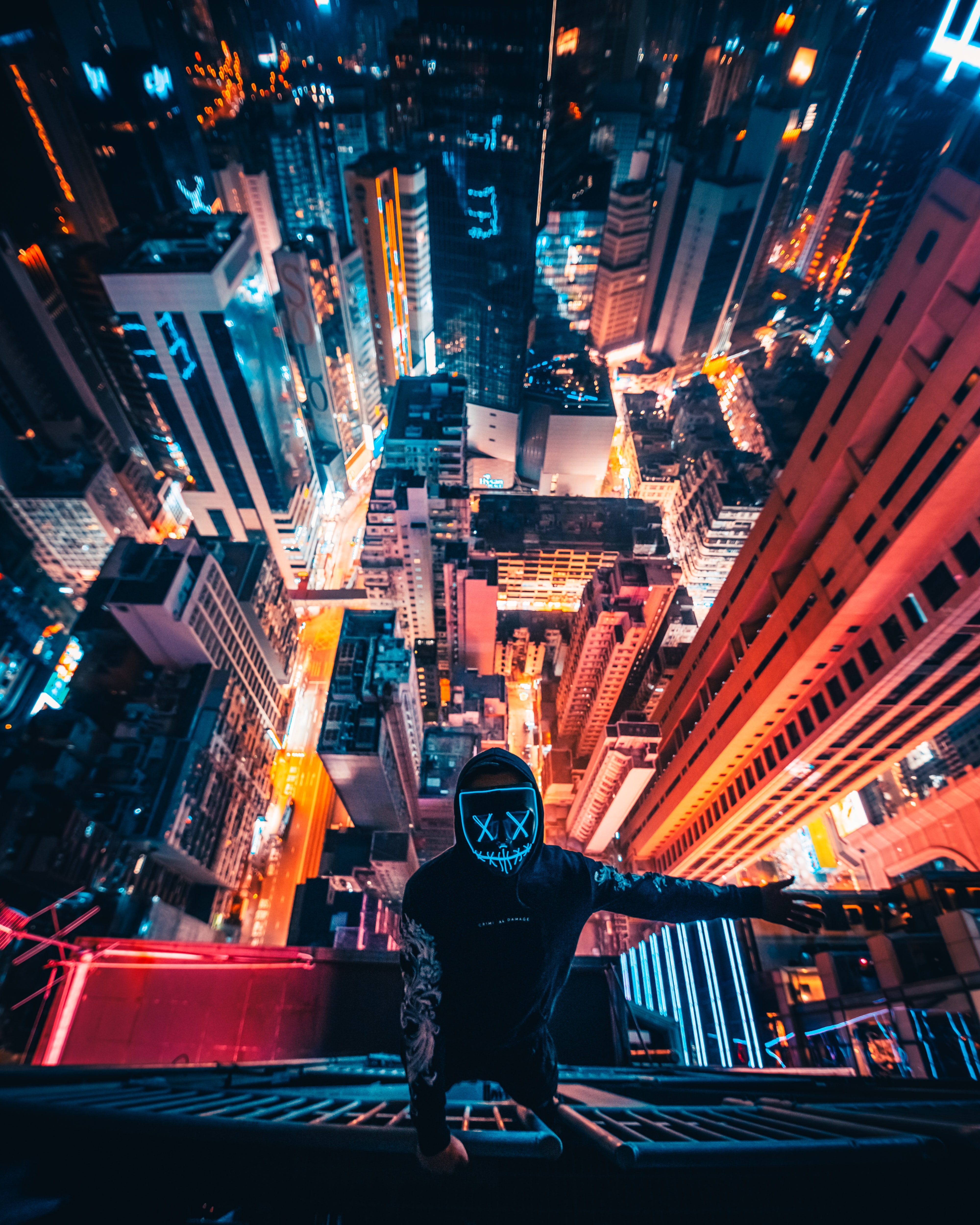 HD wallpaper, Aerial View, Neon Mask, Cityscape, Persons In Mask, City Lights, 5K, Nightscape, Skyscrapers, Rooftop, Hong Kong City