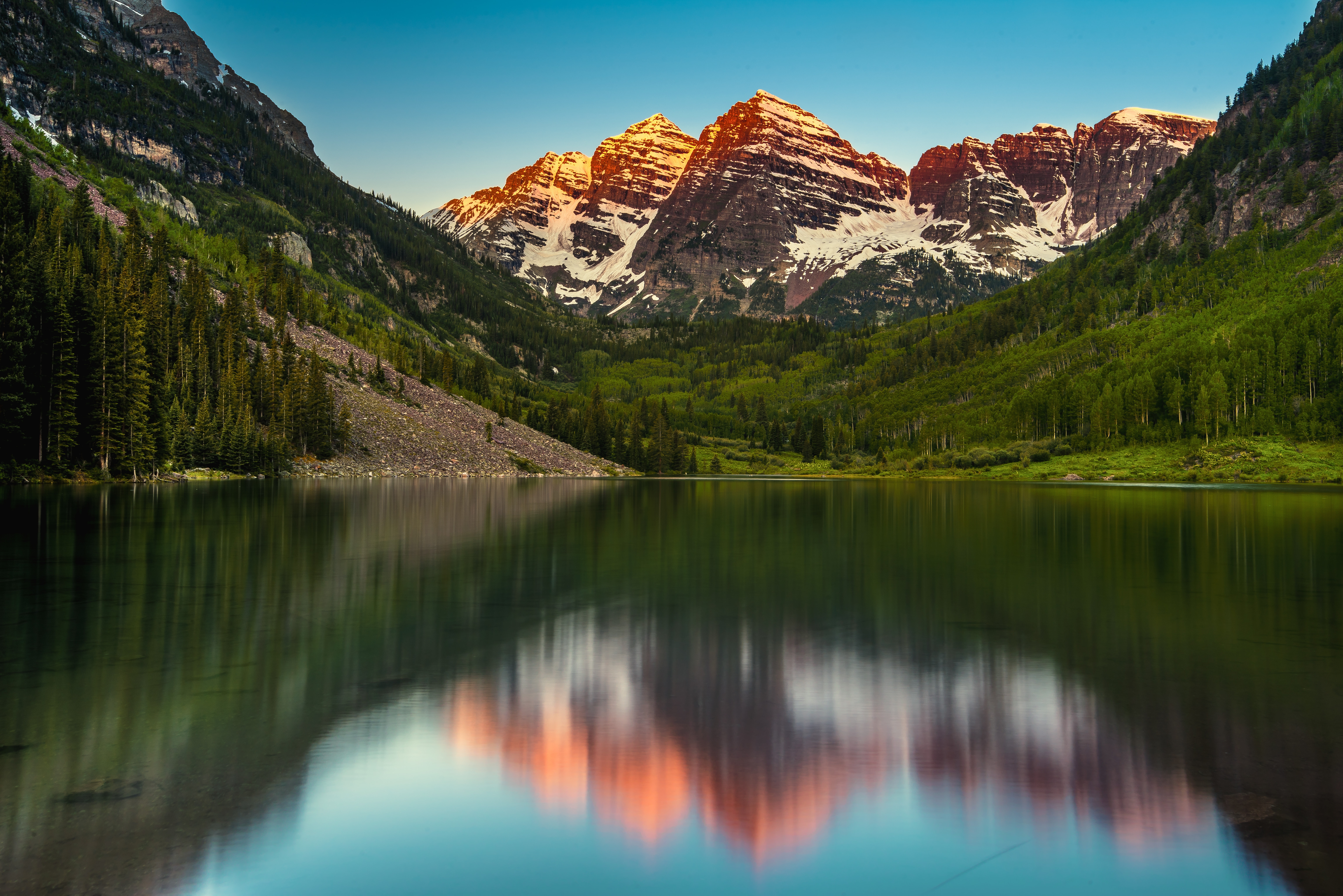 HD wallpaper, Reflection, Landscape, Blue Sky, Colorado, Elk Mountains, Maroon Lake, Glacier Mountains, Maroon Bells, Clear Sky, 5K, Scenery, United States, Alpenglow