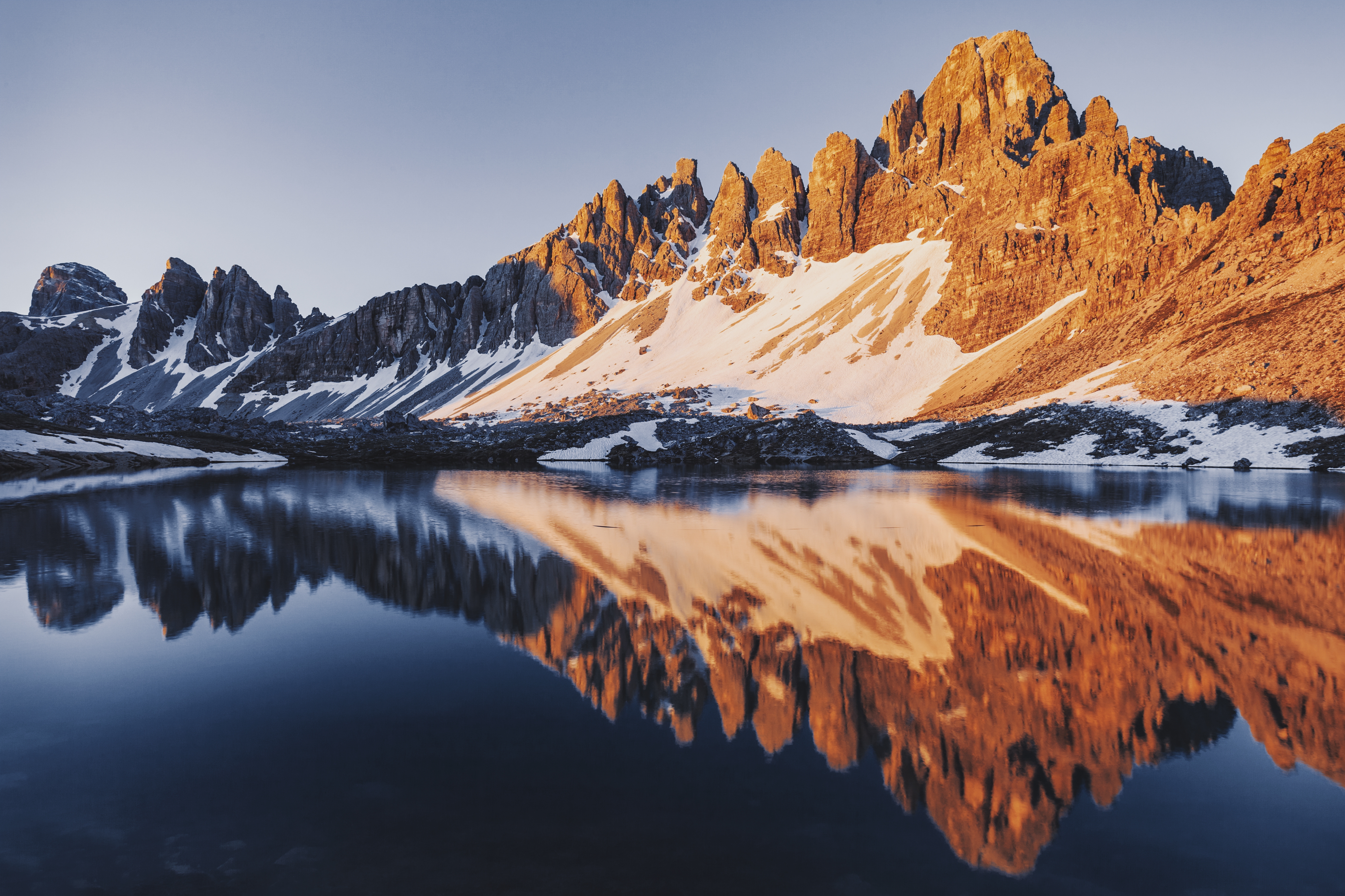 HD wallpaper, Three Peaks Of Lavaredo, Italy, Mountains, National Park, Reflection, 5K, Italy, Lago Di Piano Lake, Sunrise