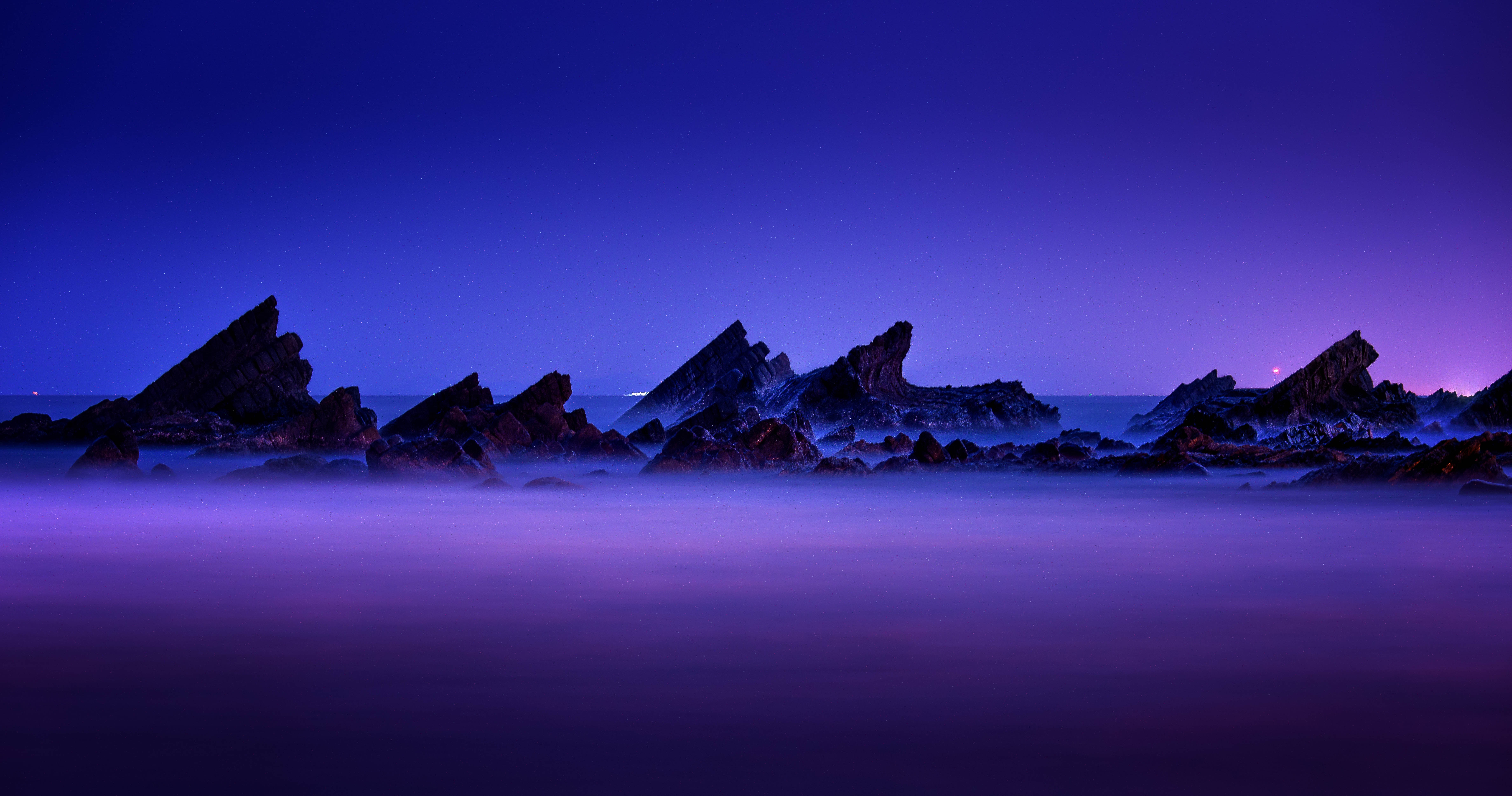 HD wallpaper, Purple Sky, Long Exposure, Dusk, Rocky Coast, Seascape, 5K, Landscape, 8K, Aesthetic, Scenic