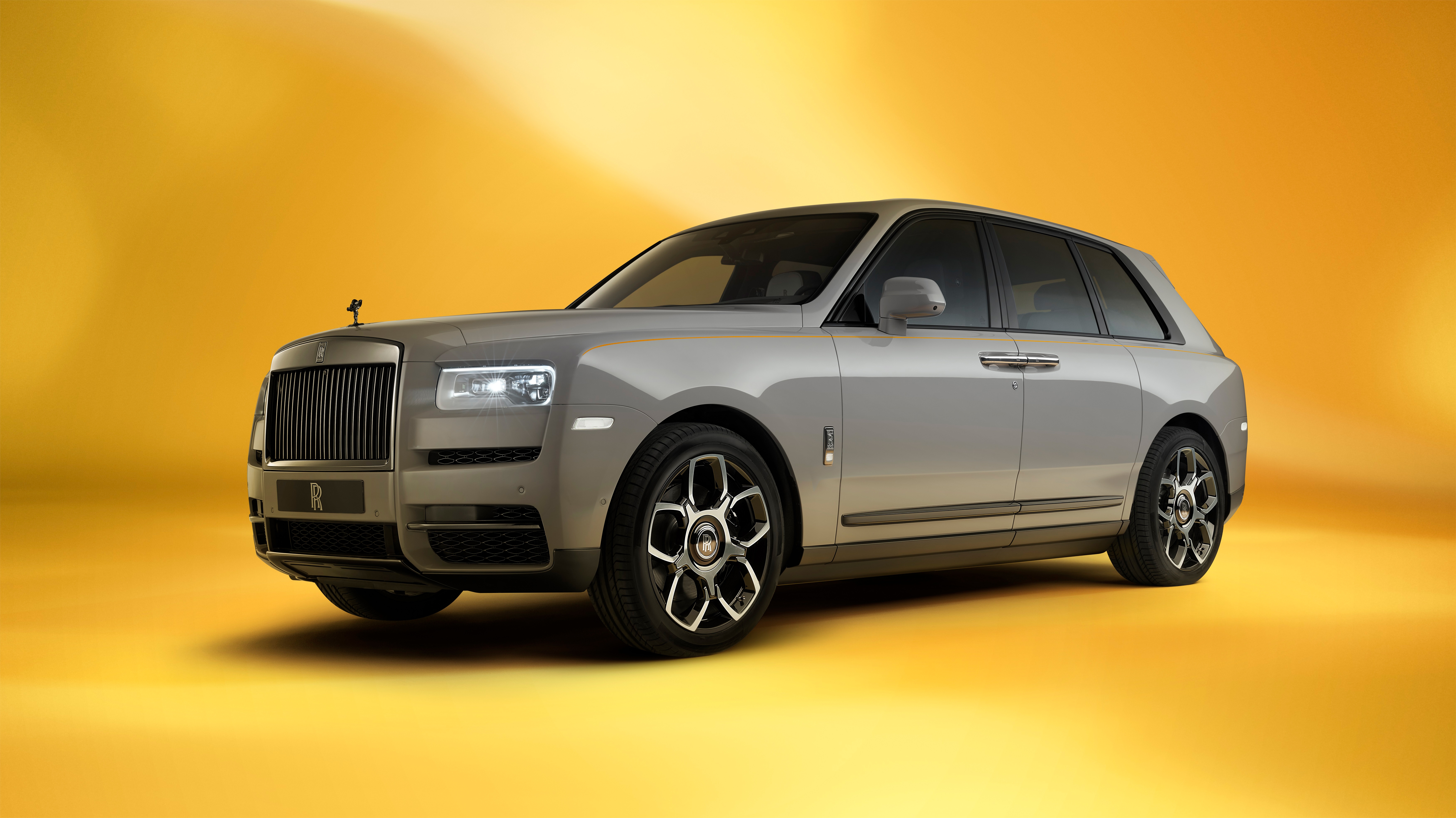 HD wallpaper, Rolls Royce Cullinan, 8K, 5K, Orange Background, Tempest Grey