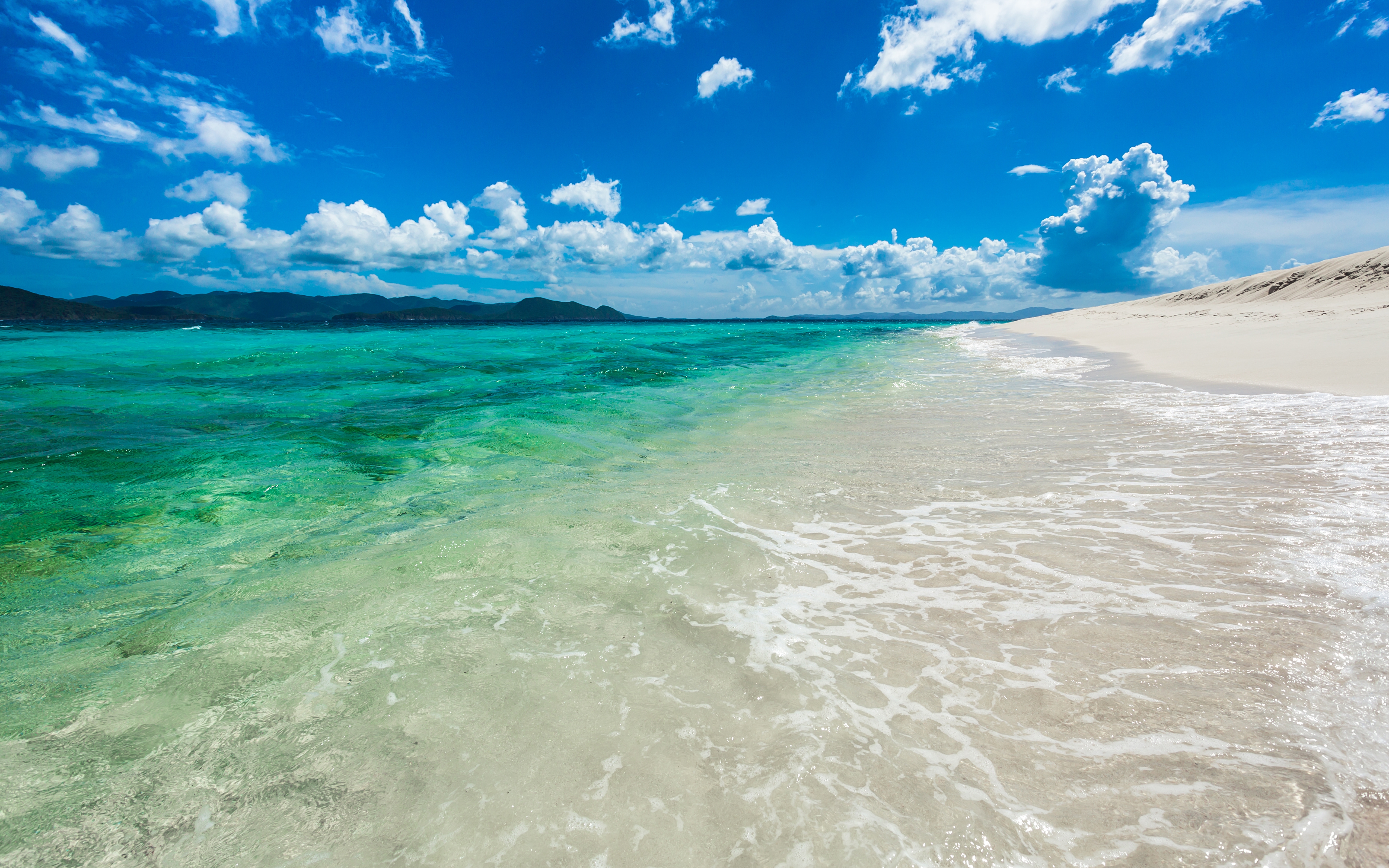 HD wallpaper, Caribbean Sea, Horizon, Clear Water, Seascape, 5K, British Virgin Islands, Blue Sky, Tropical Beach, Sandy Cay Island, Clouds, Landscape