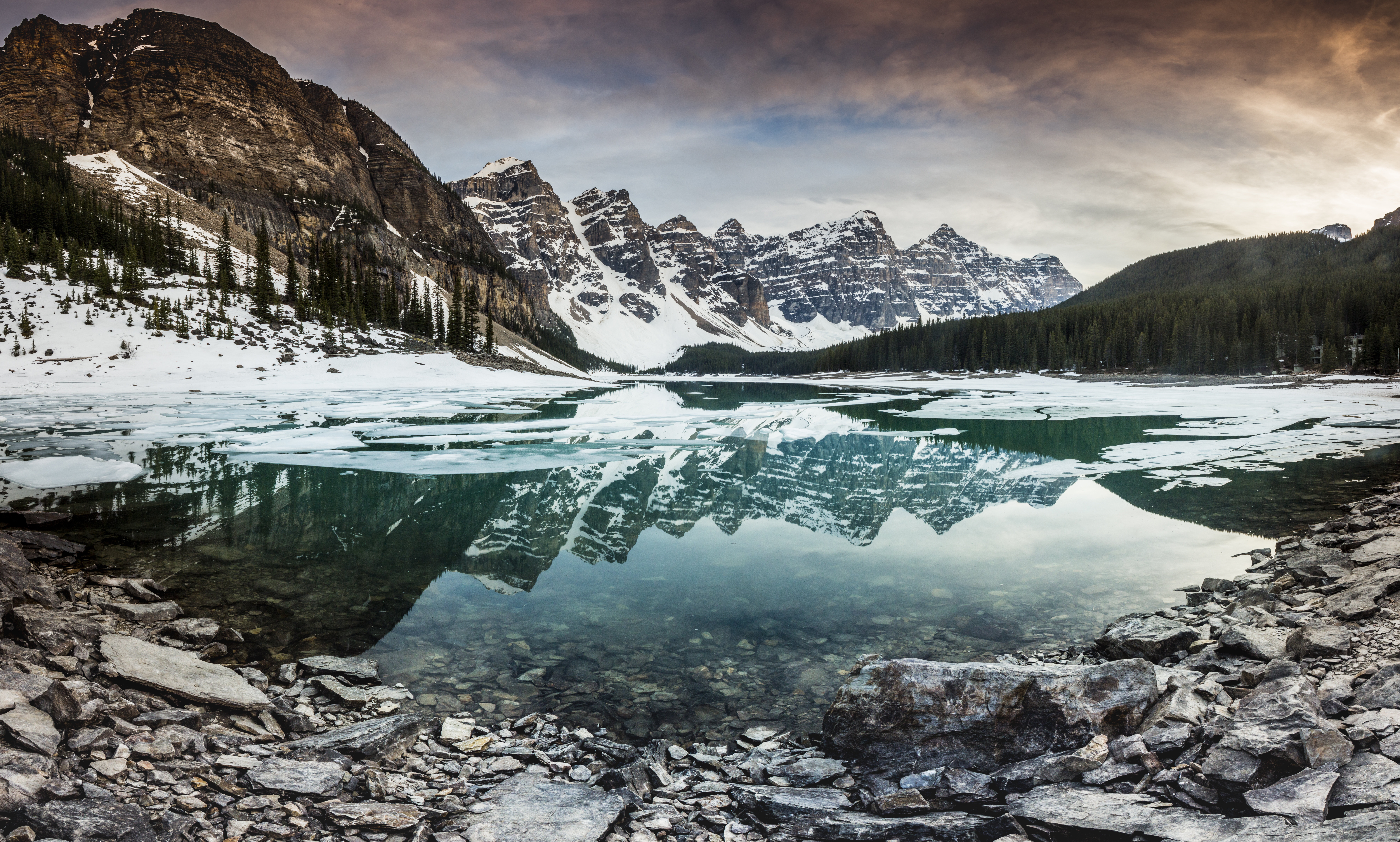 HD wallpaper, Mountain Lake, Scenery, Dusk, Mountain Range, Reflection, 8K, Snow Covered, Landscape, 5K, Winter