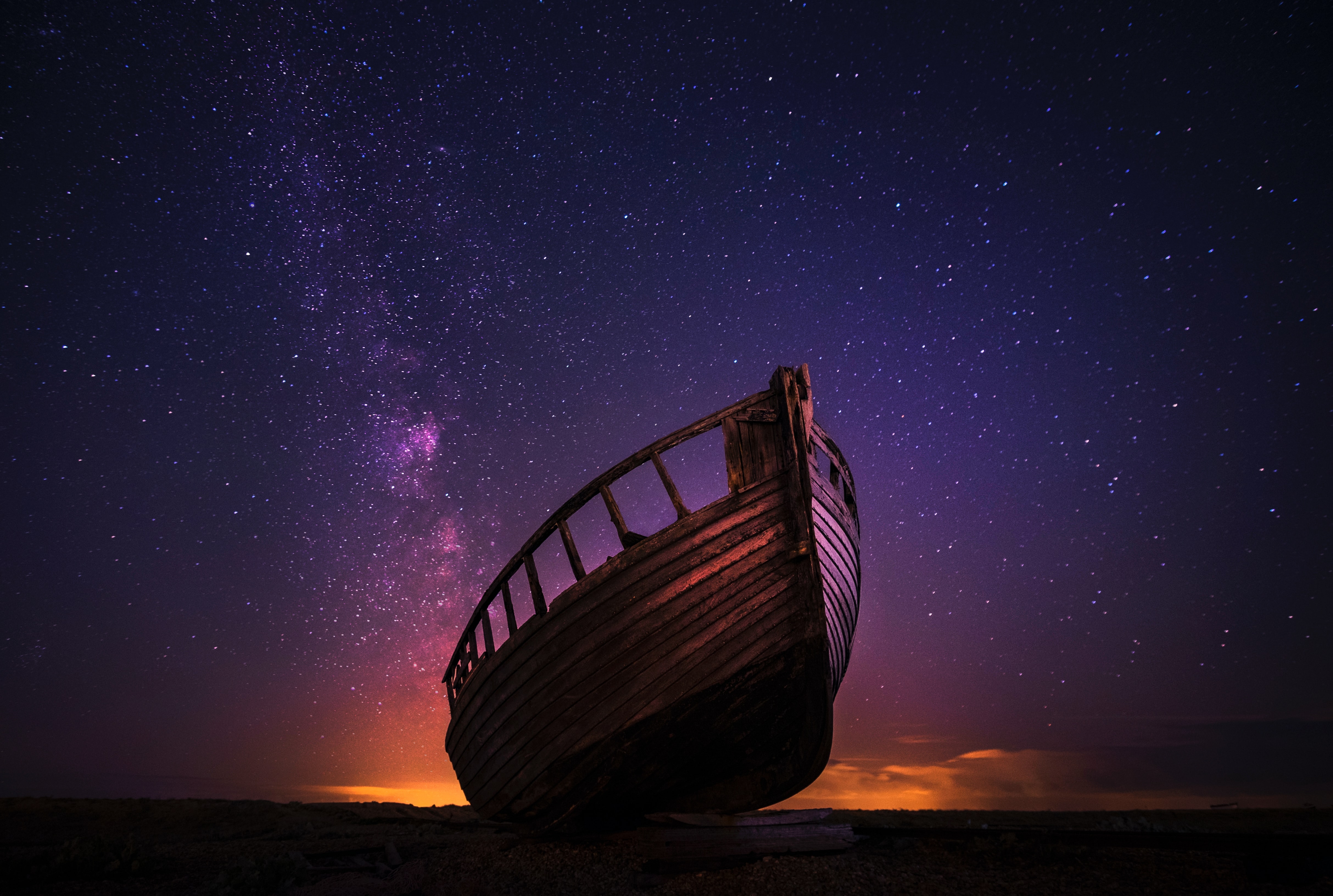 HD wallpaper, Outer Space, Milky Way, Sailing Boat, Starry Sky, Night Time, 5K, Wrecked Boat, Seashore