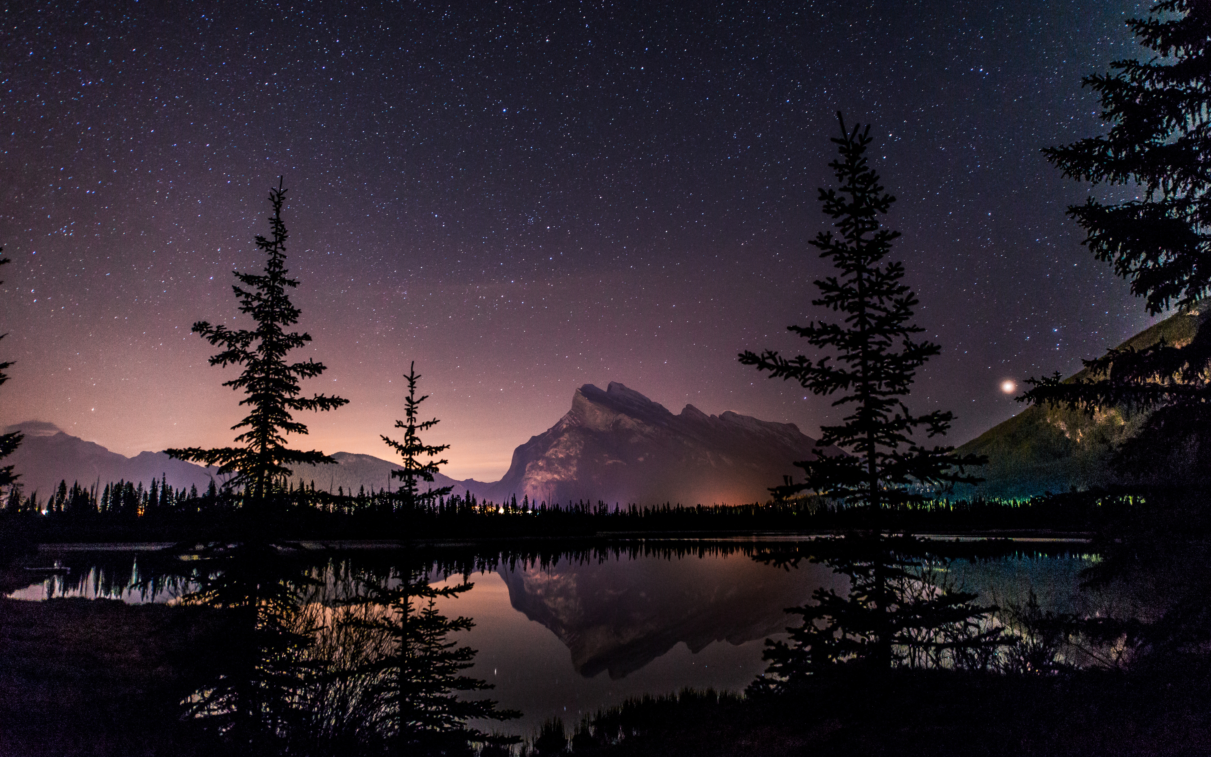 HD wallpaper, 5K, Nightscape, Mount Rundle, Starry Sky, Reflection, Banff National Park