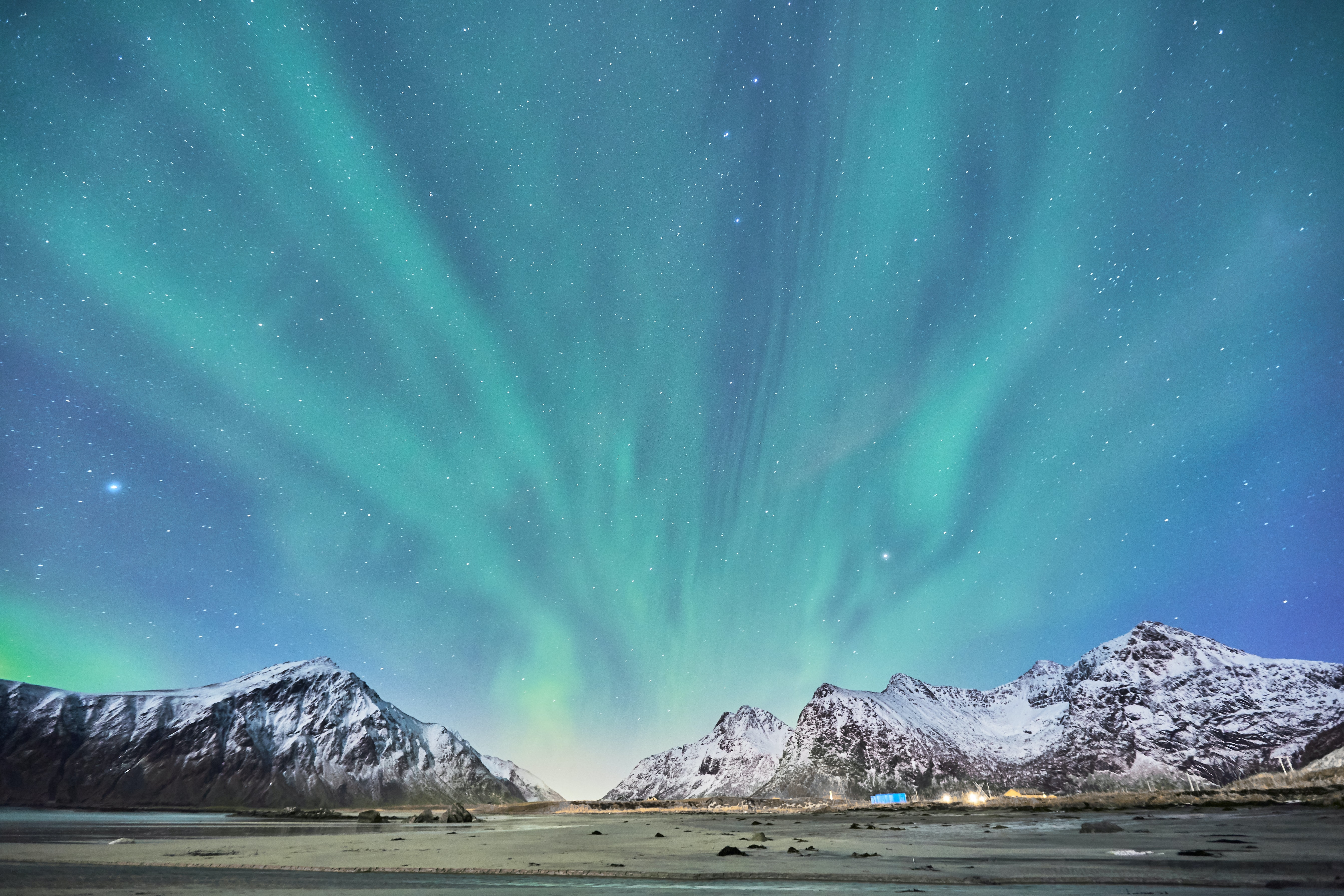 HD wallpaper, Landscape, Aurora Borealis, Norway, Lofoten Islands, Glacier, 5K, Stars, Snow Mountains, Blue Sky